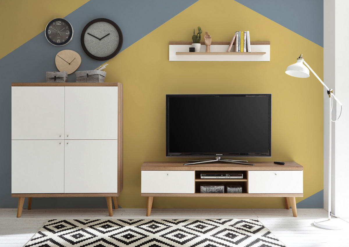 WOHNWAND weiß Eiche Riviera, Schrankwand skandinavisch 3-teilig 277 x 160 cm - Eichefarben/Weiß, Holzwerkstoff/Metall (277/160/40cm)