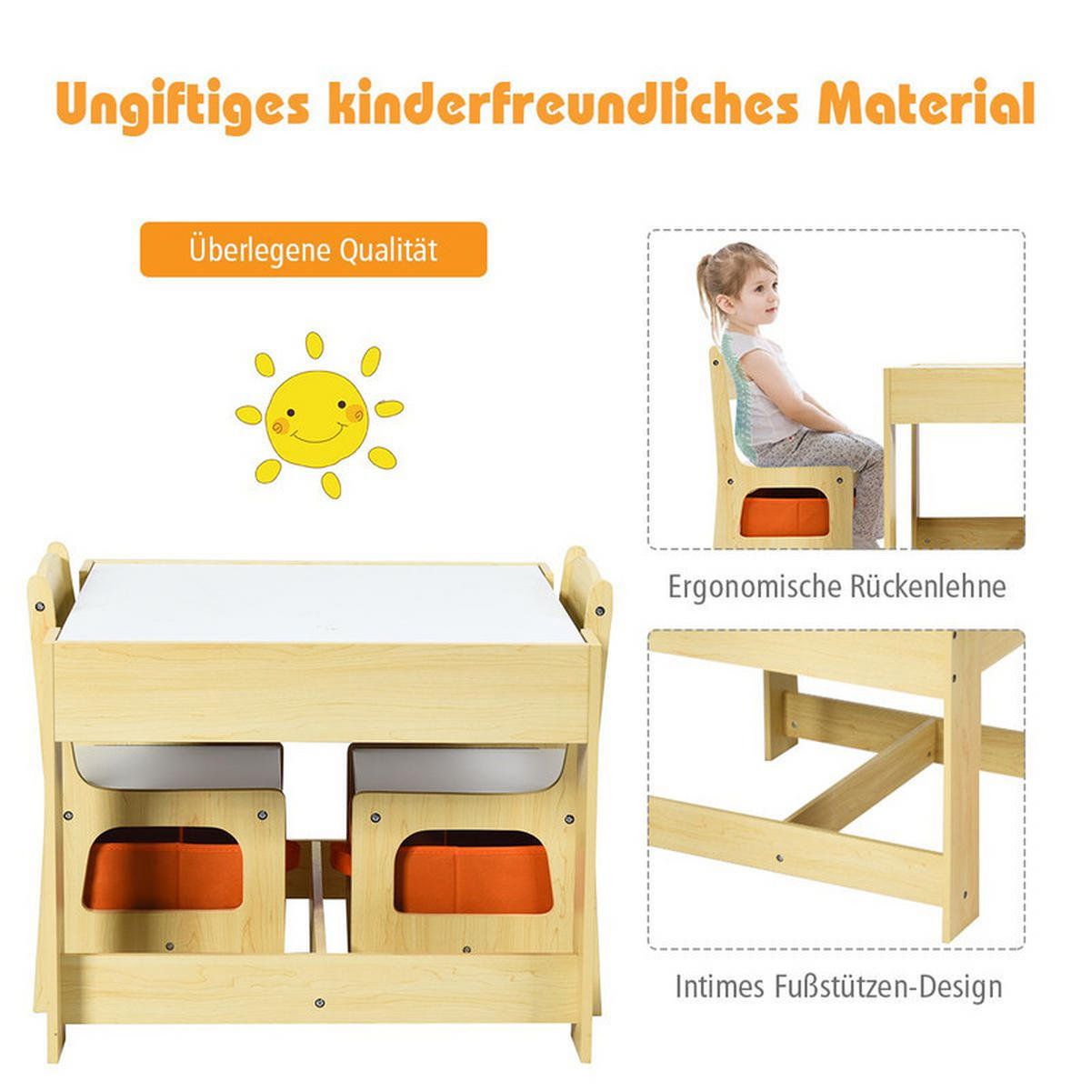KINDERSITZ‑SET mit Stuhl natur(3-tlg) - Naturfarben, Holzwerkstoff (62/48/62cm) - COSTWAY