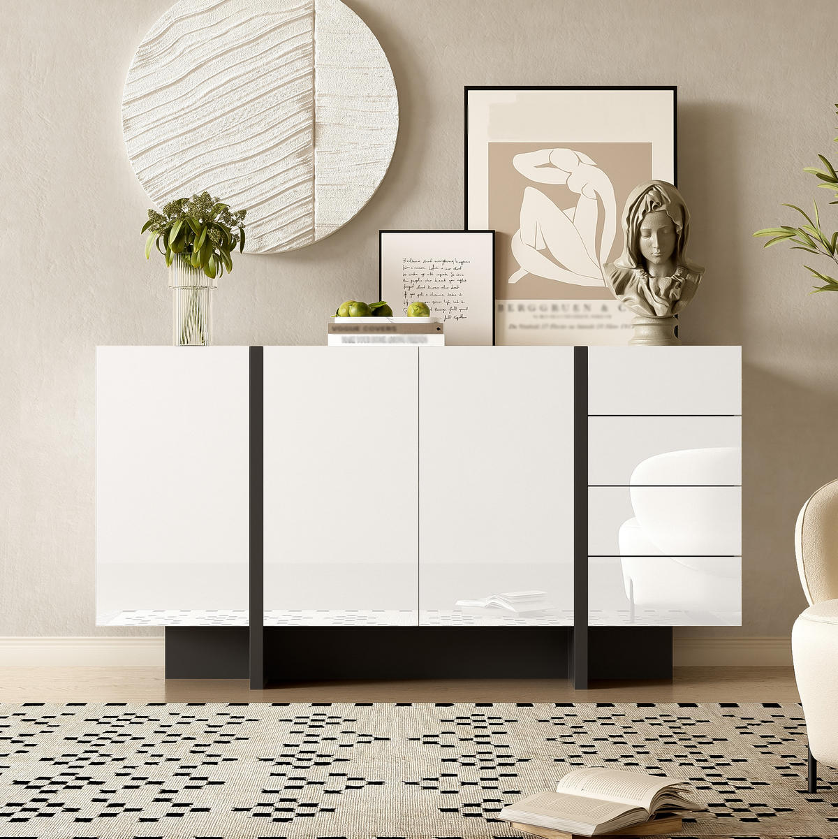 SIDEBOARD 150/40/80,5 cm mit 2 Türen & 4 Schubladen in Weiß Hochglanz - Weiß, Holzwerkstoff (150/80.5/40cm) - BEAOK