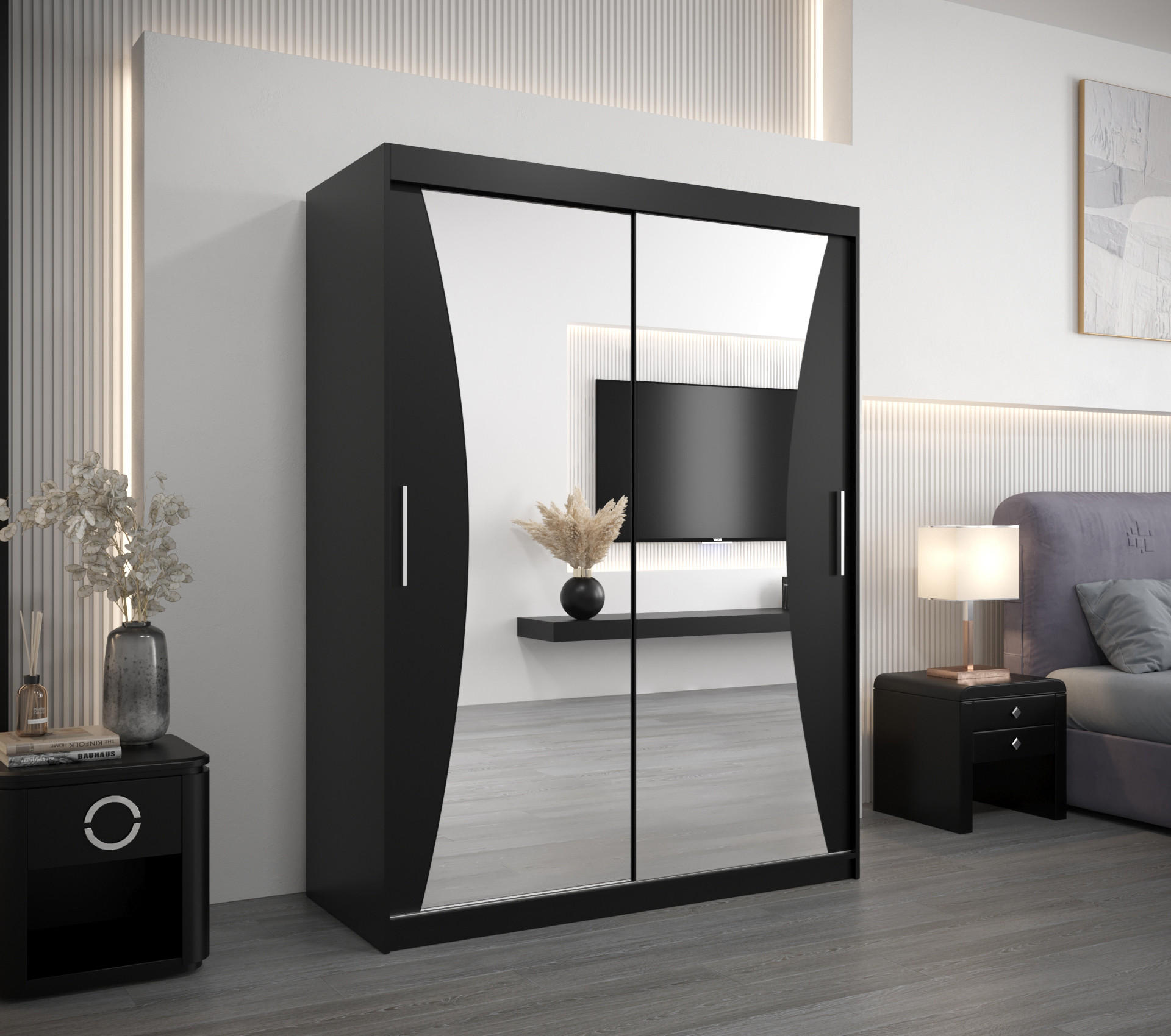 SCHWEBETÜRENSCHRANK 200/150/62 2-türig - Silberfarben/Schwarz, Holz/Kunststoff (150/200/62cm) - Abiks Möbel