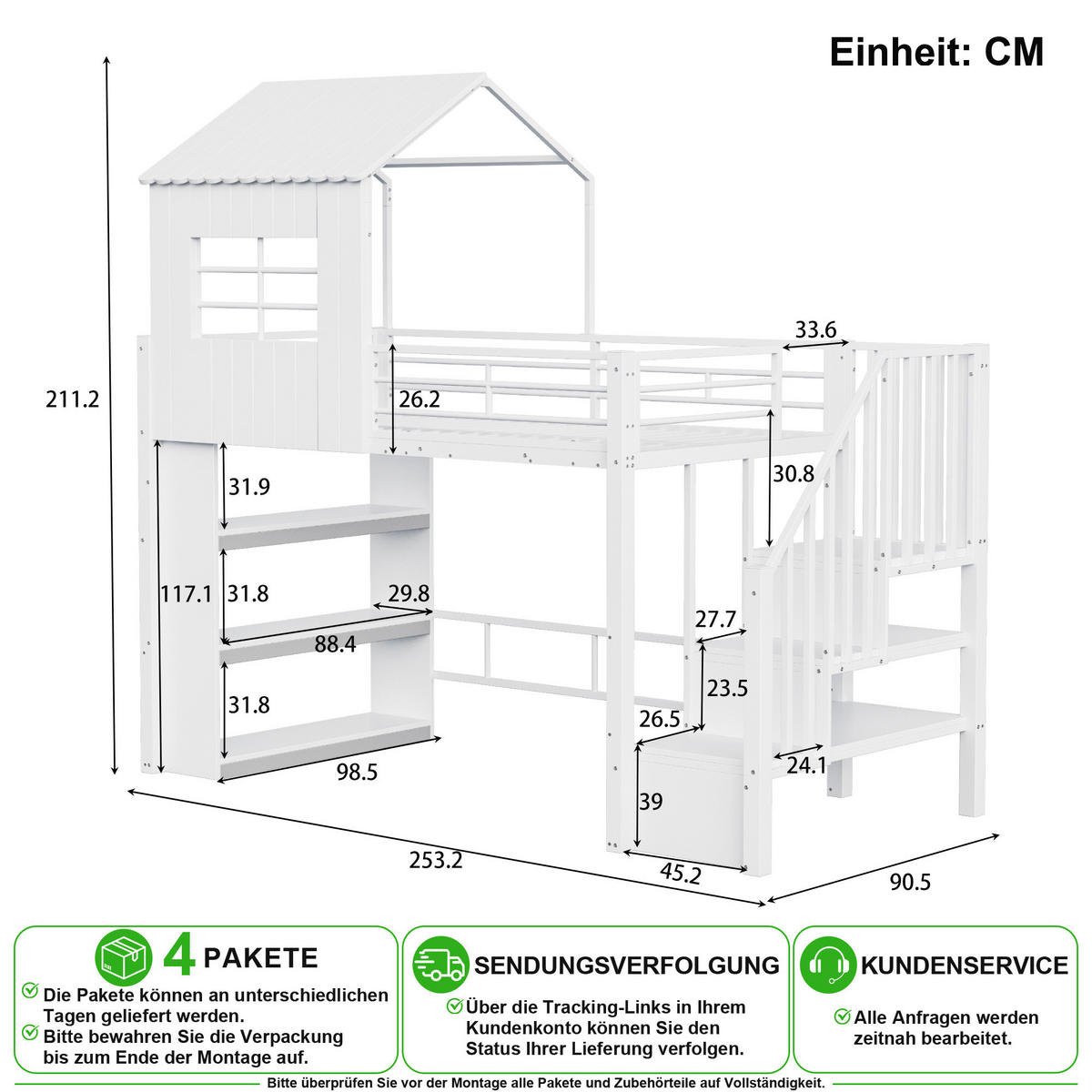 HOCHBETT 90/200 cm in Weiß mit Treppe, Regal und Stauraum aus MDF und Metall - Weiß, Holzwerkstoff/Metall (90/200cm) - CHICFURN