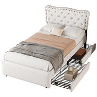 POLSTERBETT 90/200 cm hellbeige mit zwei Schubladen und verstellbarem Nachttisch - Beige, Textil (90/200cm) - OKWISH