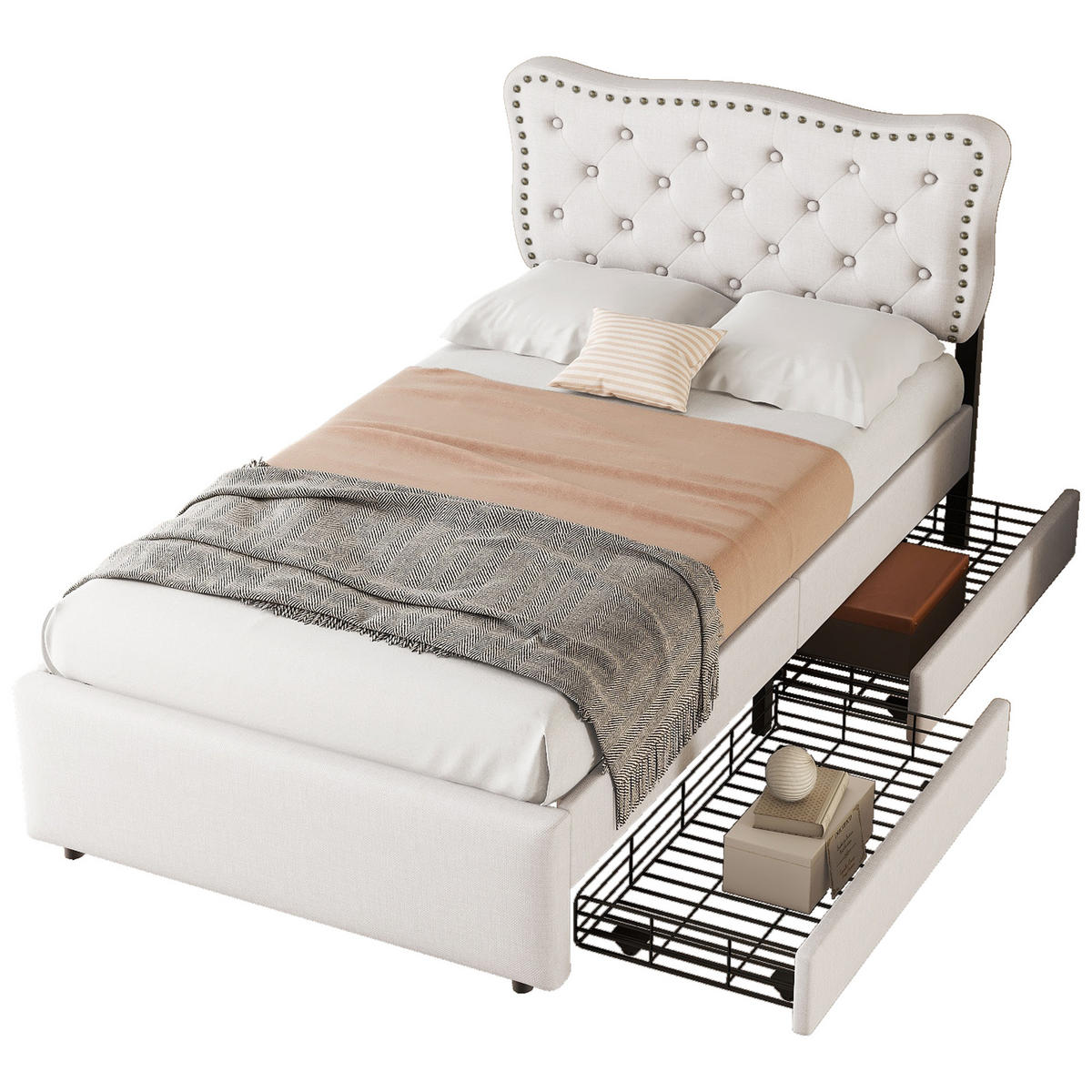 POLSTERBETT 90/200 cm hellbeige mit zwei Schubladen und verstellbarem Nachttisch - Beige, Textil (90/200cm) - OKWISH