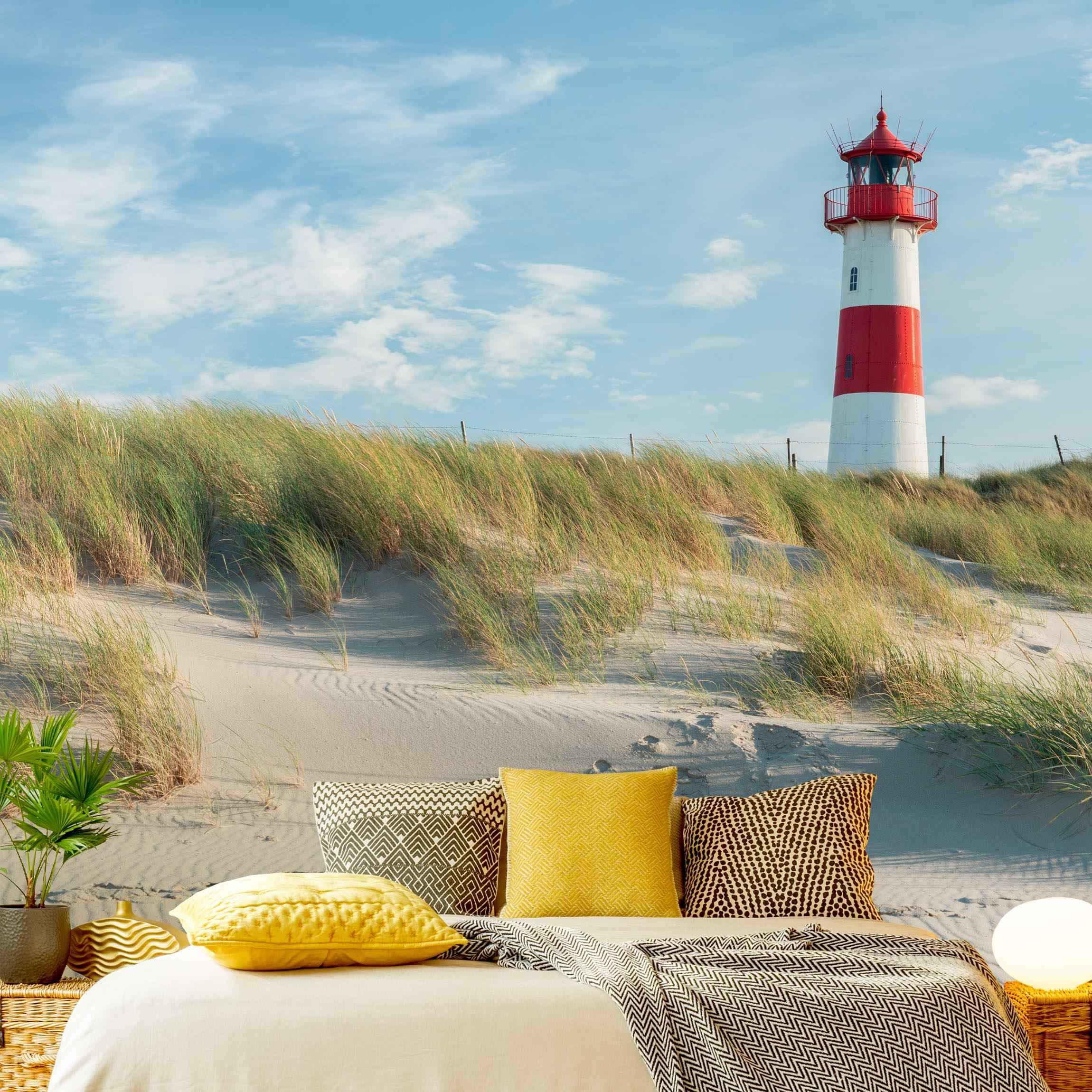 FOTOTAPETE Leuchtturm an der Nordsee 192/192 cm - Blau, Papier (192/192cm) - Bilderwelten