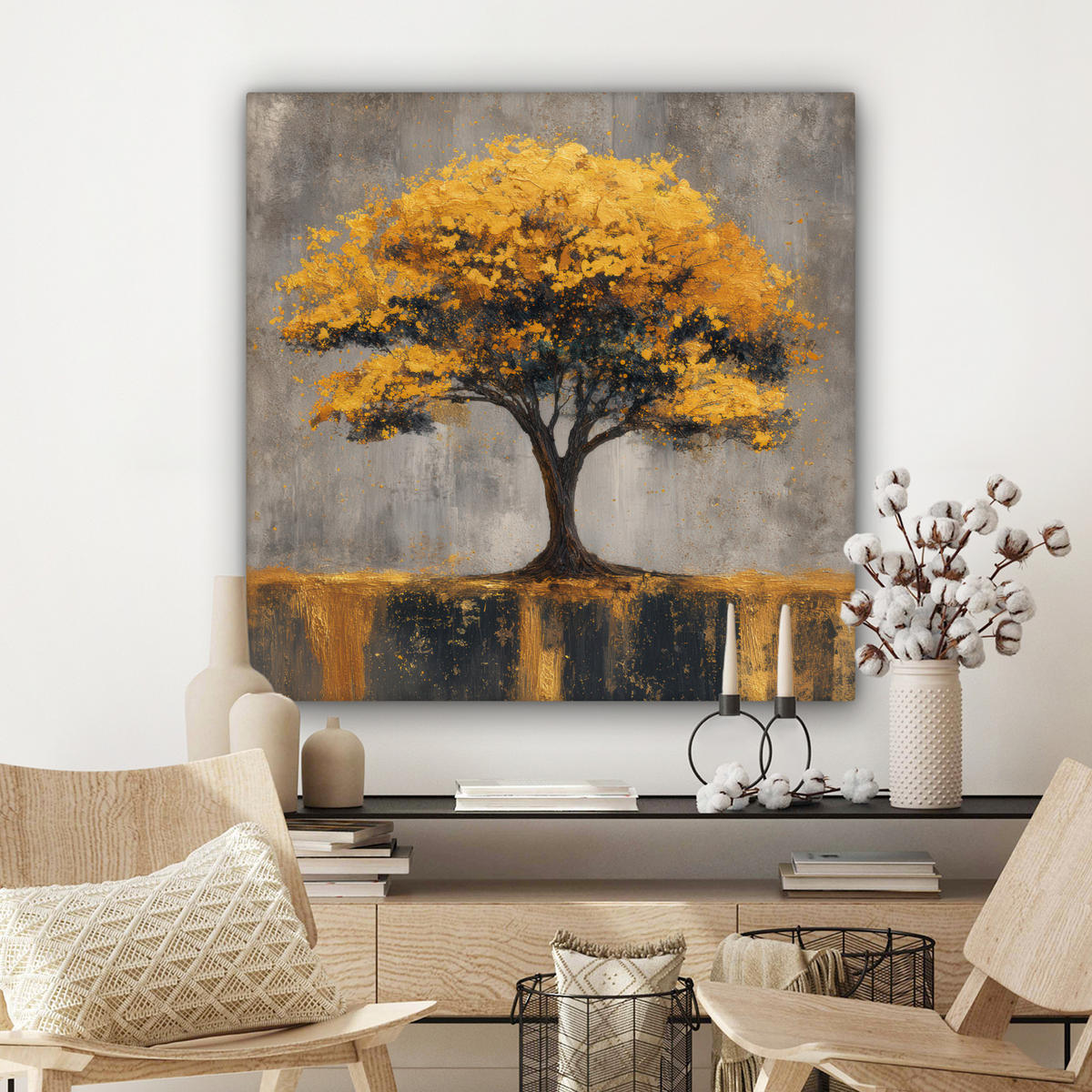 LEINWANDBILD Baum - Blätter - Gold - Abstrakt Deko Groß 90x90 cm - Grau, Textil (90/90cm) - MuchoWow