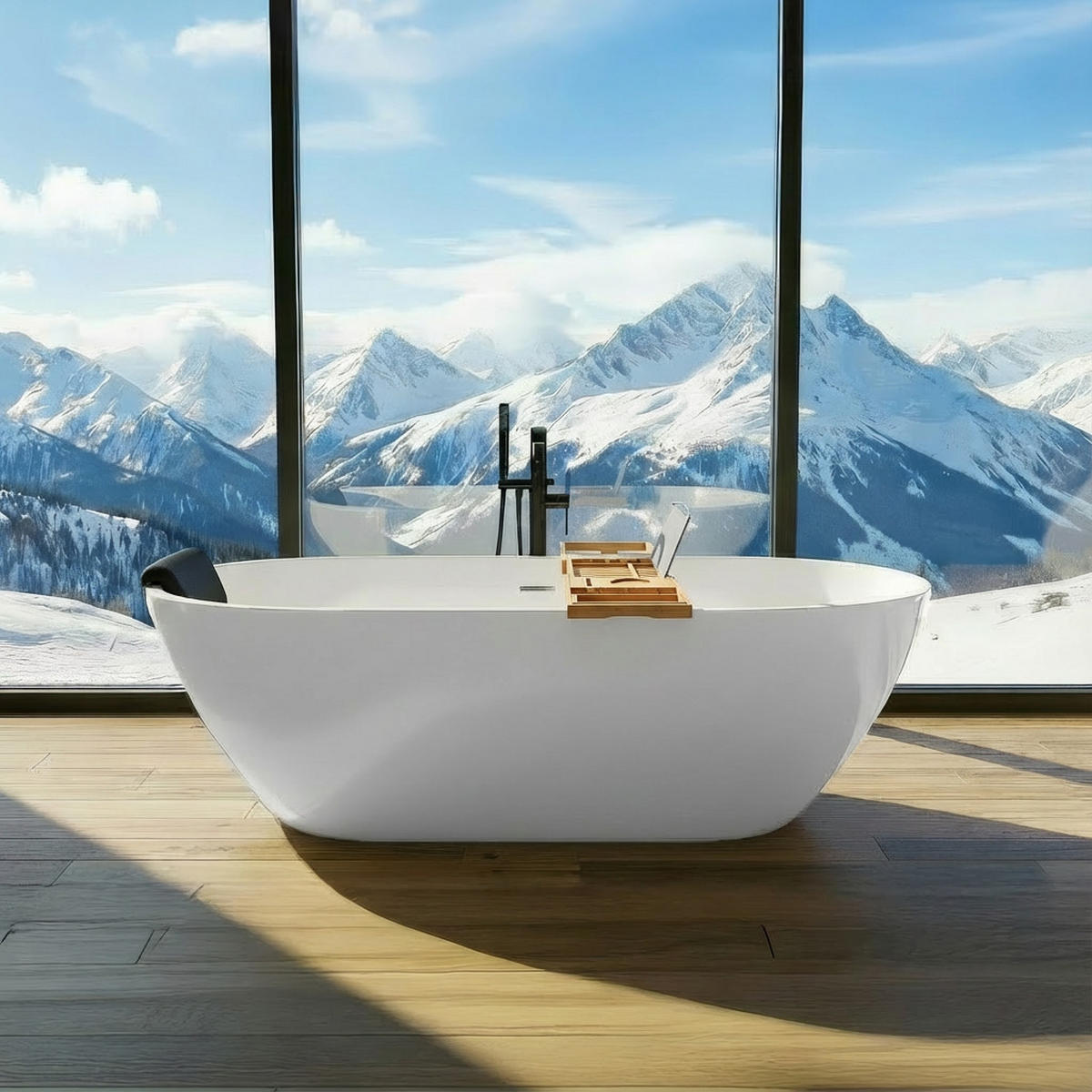 BADEWANNE asger freistehend 170/75 cm, 4-tlg. Set Bambusablage Kopfstütze kodi Klick-Klack-Ablauf - Weiß, Kunststoff (75/58/170cm) - bad land
