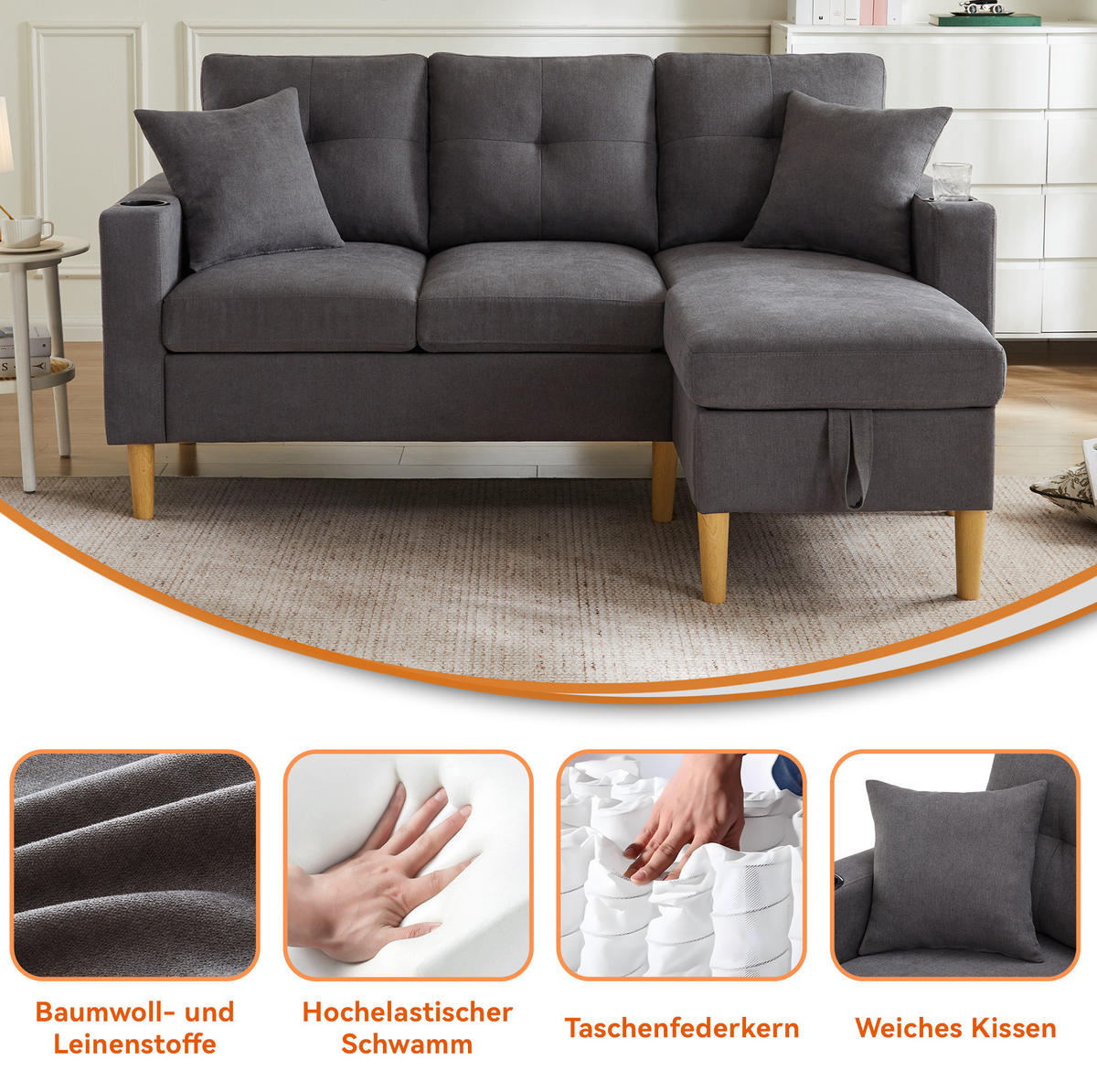 ECKSOFA 175/129/90 cm dunkelgrau aus Baumwoll-Leinen mit Stauraum - Dunkelgrau, Textil (175/129cm) - OKWISH