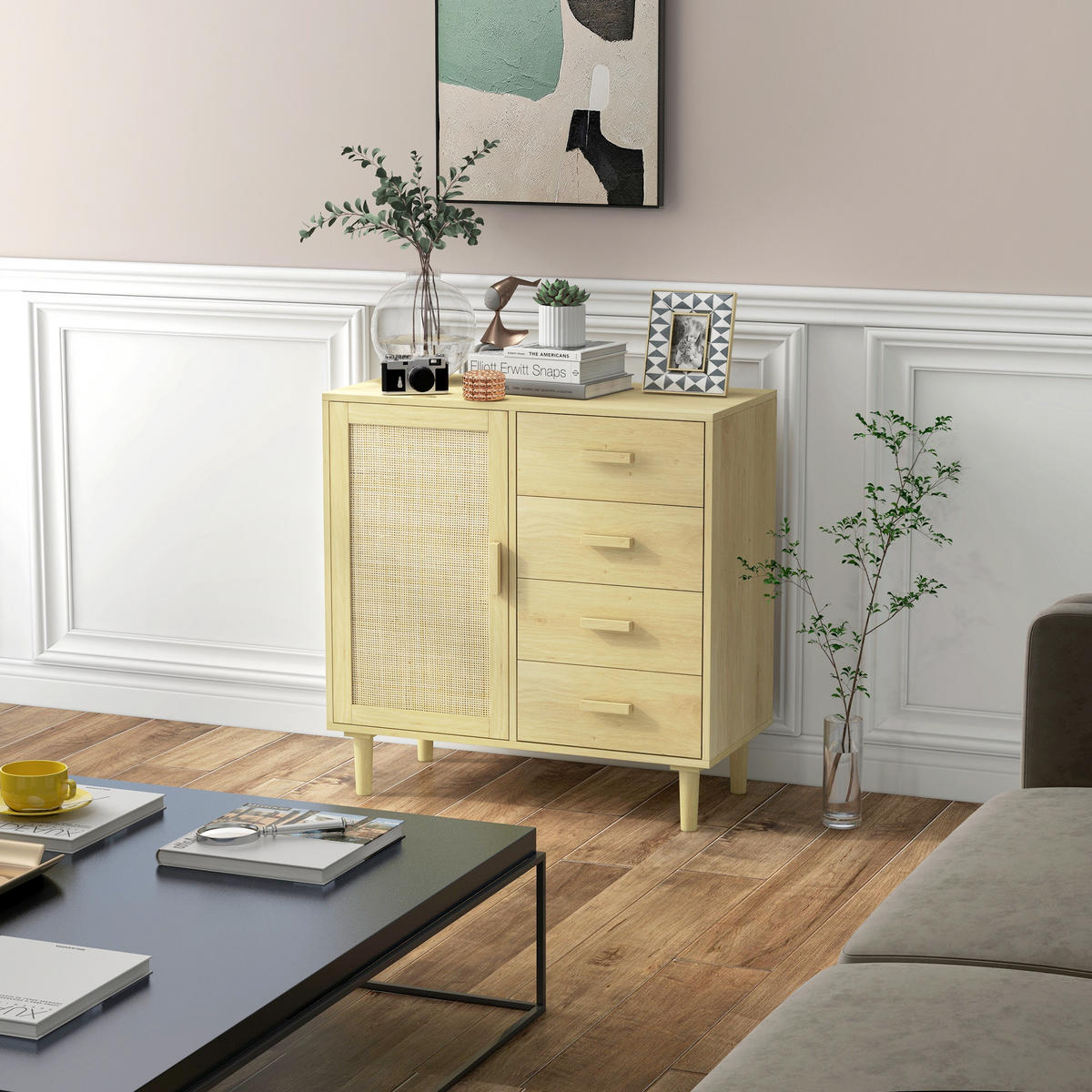 SIDEBOARD Naturfarben, 1 Tür, 4 Schubladen, 80/38/80,5 cm - Naturfarben, Holz (80/80.5/38cm) - PANGIVO