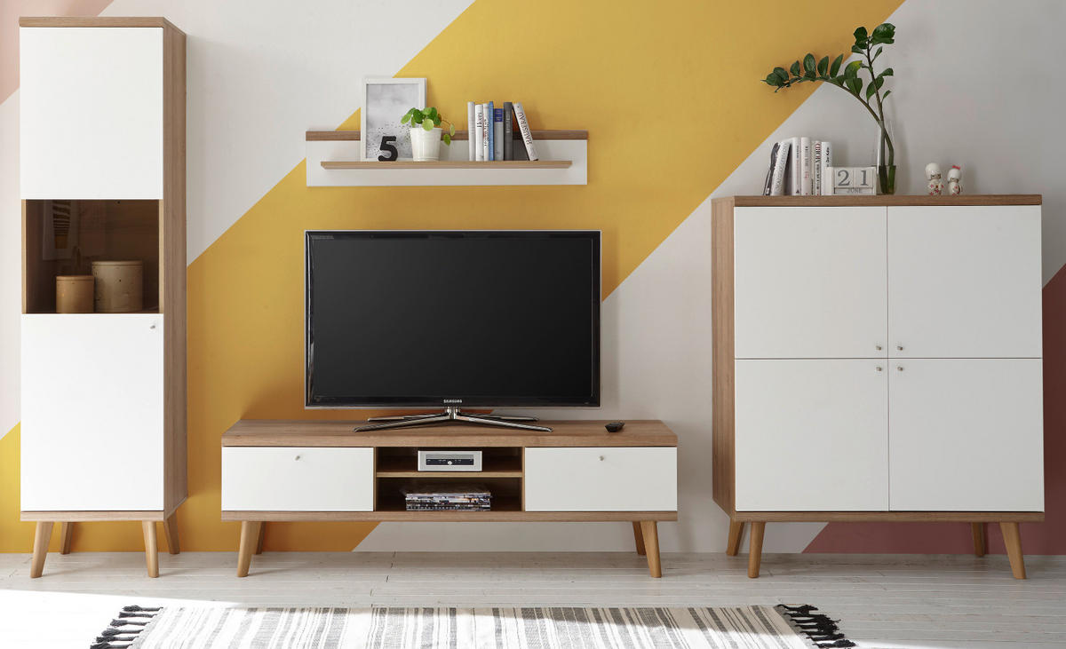 WOHNWAND weiß Eiche Riviera, Schrankwand skandinavisch 4-teilig 337 x 197 cm - Eichefarben/Weiß, Holzwerkstoff/Metall (337/197/40cm)