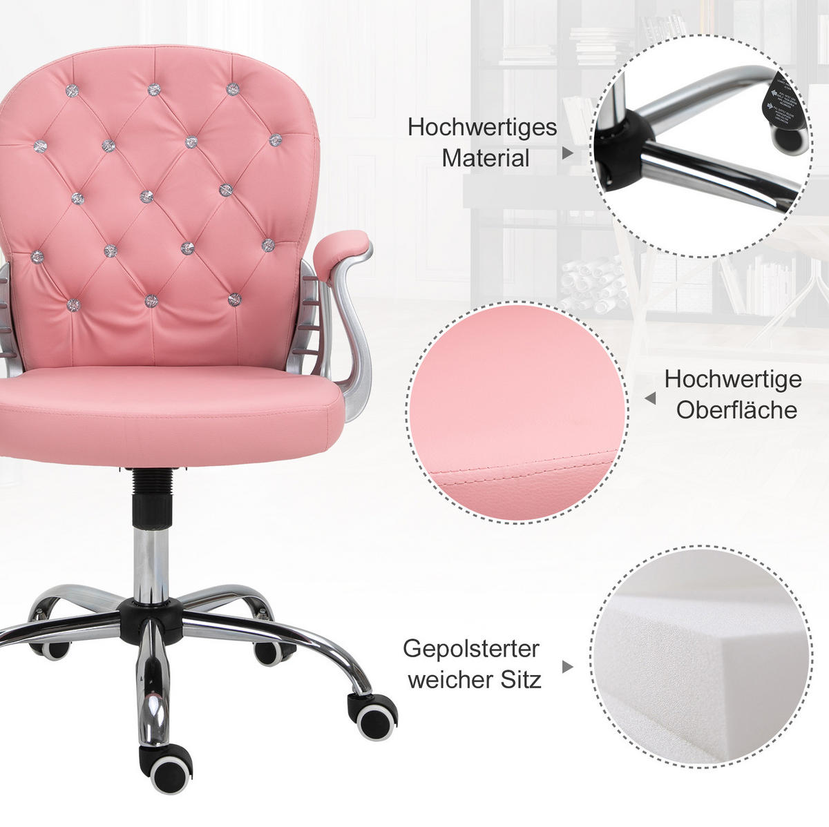 BÜROSTUHL höhenverstellbar 59,5 x 60,5 x 93-103 cm Pink Kunstleder - Pink, Metall (60.5/105/59.5cm) - Meubliv