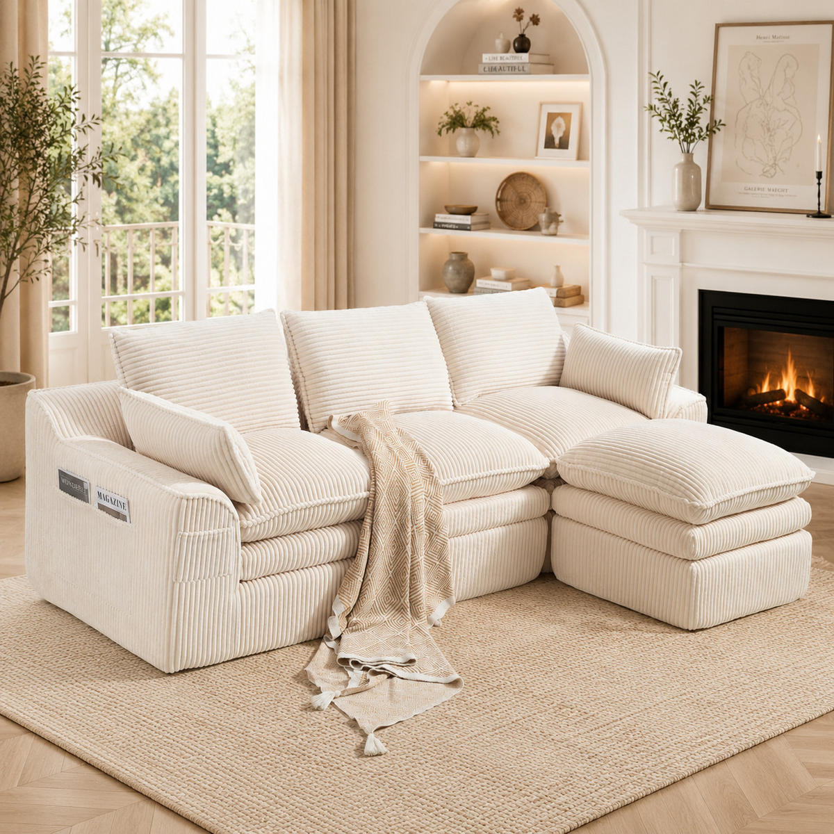 ECKSOFA DE-33776 3-Sitzer mit Hocker Beige - Beige, Metall (263/167cm) - ComfortXL