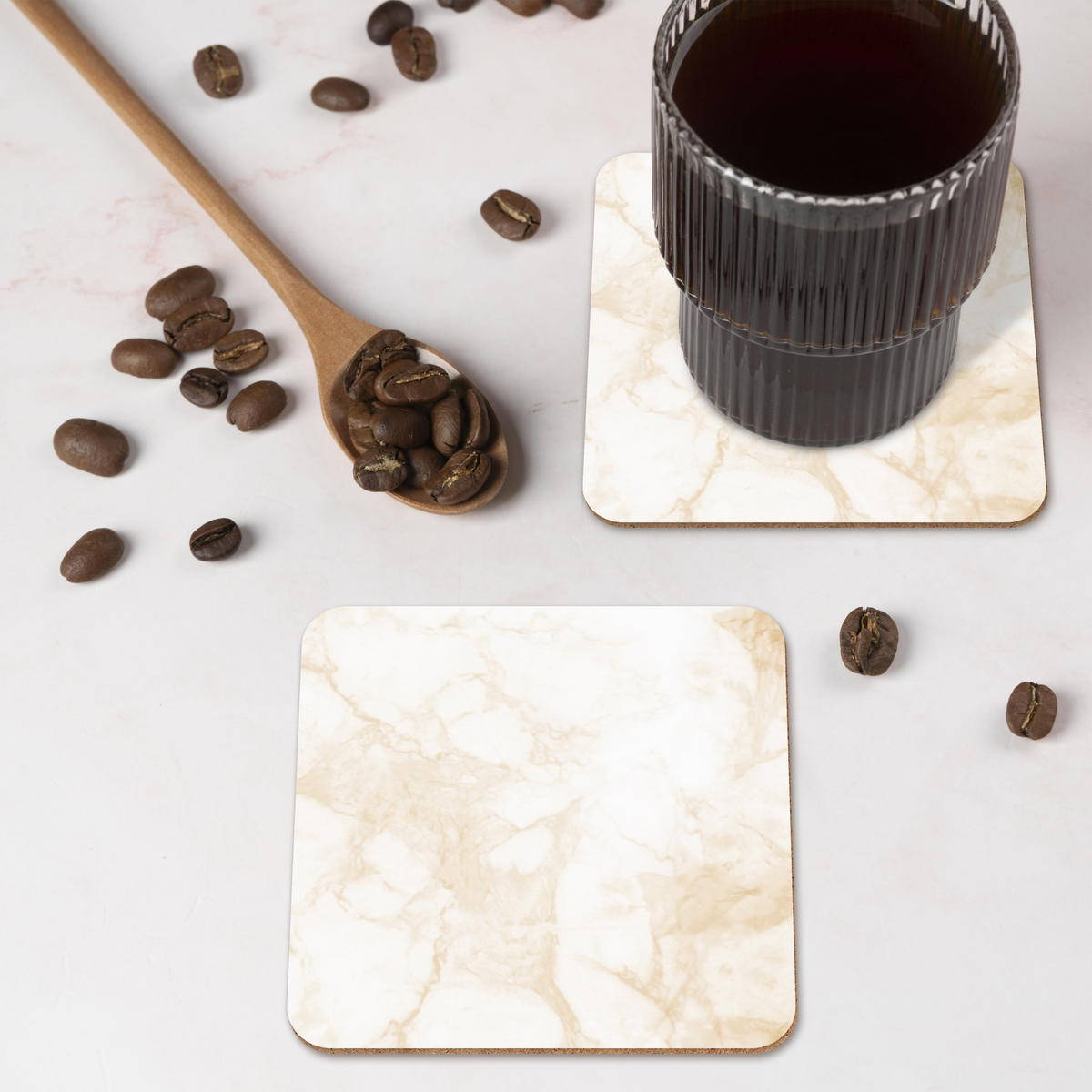 GLASUNTERSETZER 6er-Set Marmor - Weiß - Gold - Luxus 10x10 cm - Creme, Naturmaterialien (10/0.2cm) - MuchoWow
