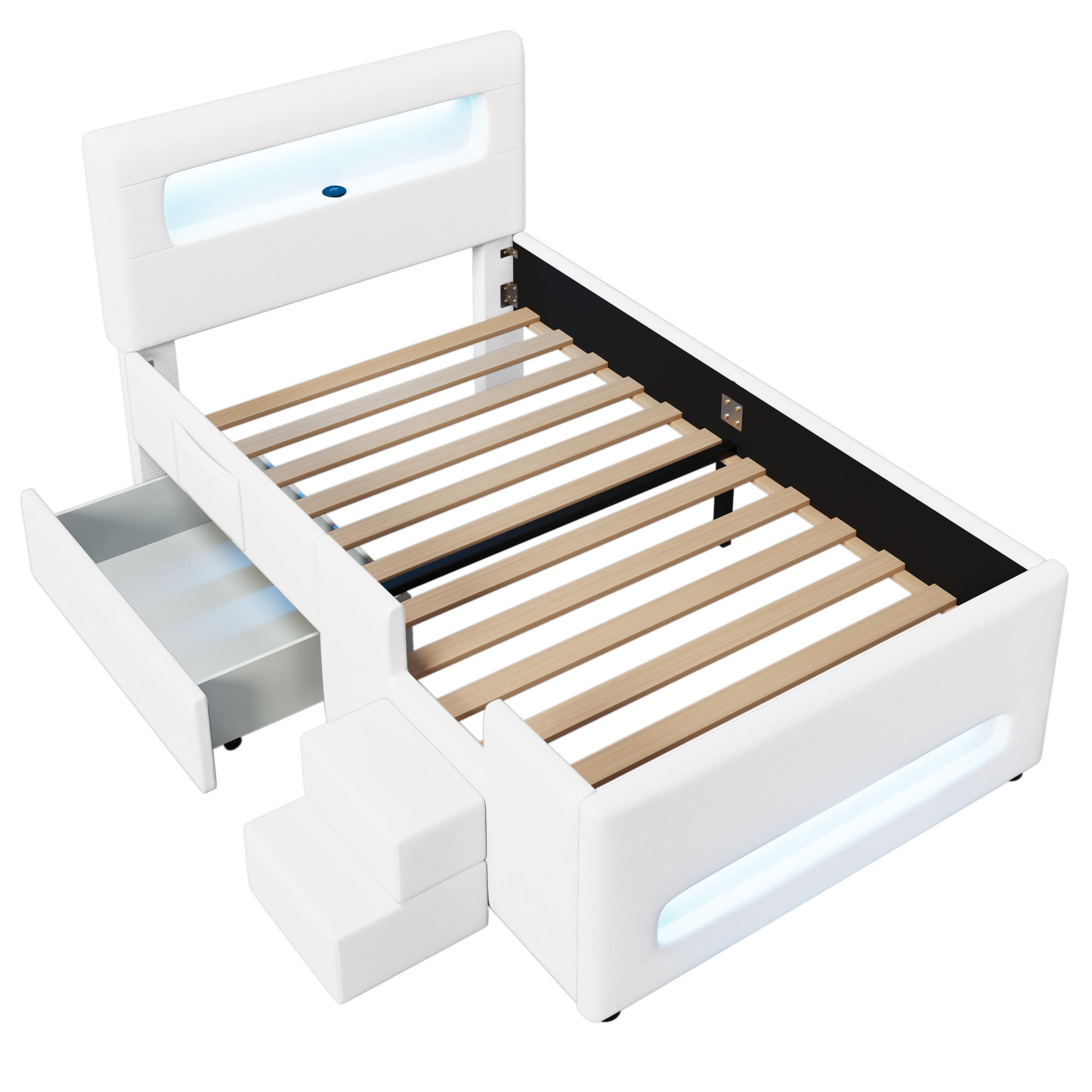 KINDERBETT 90/200 cm DE-03359, mit Treppe, Schubladen, LED-Lichtleisten und Aufbewahrungstaschen, in Weiß - Weiß, Holzwerkstoff (90/200cm) - ComfortXL