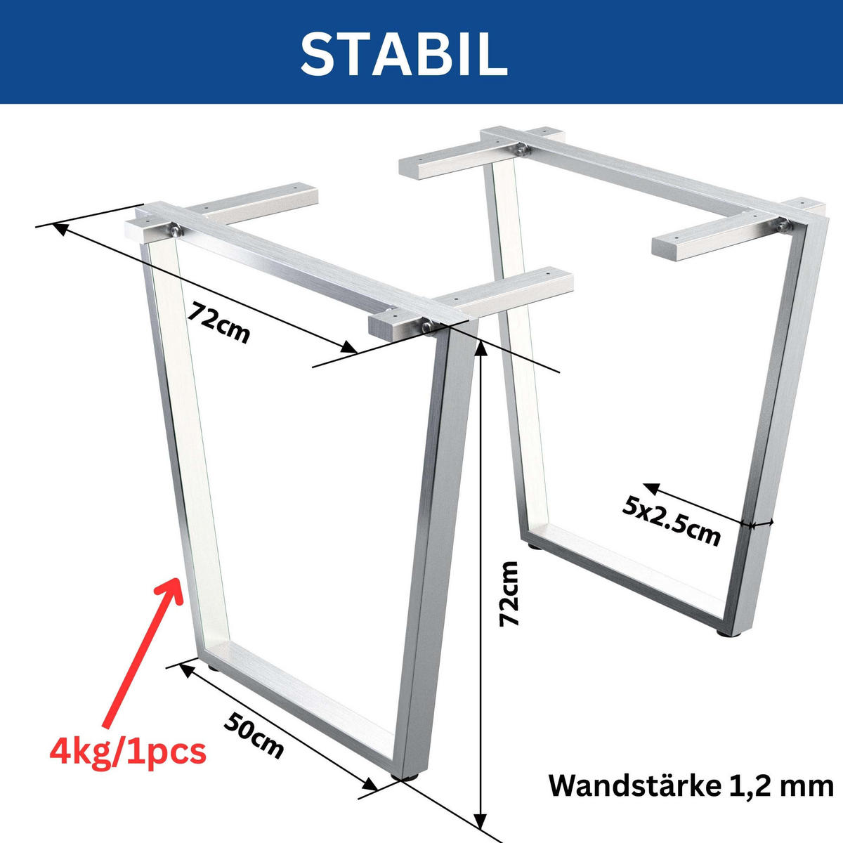 TISCHBEINE Edelstahl 72 x 72 cm Tischgestell Höhenverstellbar 96679 Tischfüße Möbelfüße - Schwarz, Metall (72/72/5cm) - DanDiBo