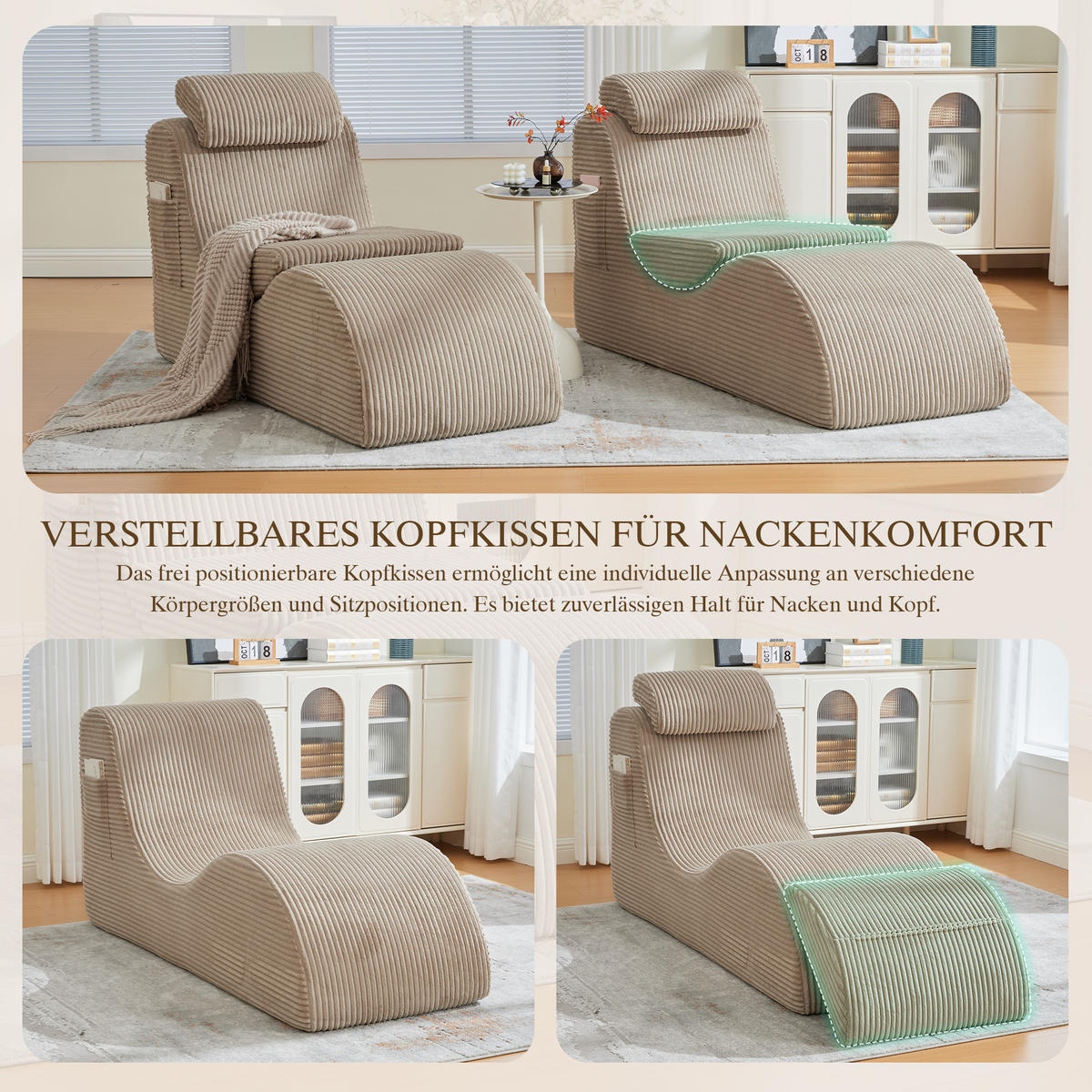 CHAISELONGUE Khaki 160/66/90 cm - Sandfarben, Textil (160/90/66cm)