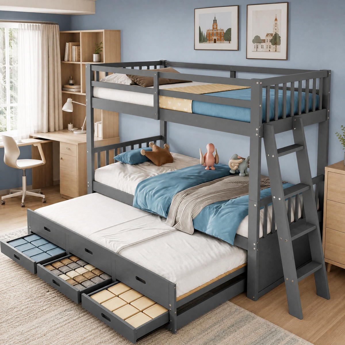 ETAGENBETT 90/200 mit Ausziehbett, Schubladen und Treppe in Grau - Grau, Holz (90/200cm) - EVRYAE