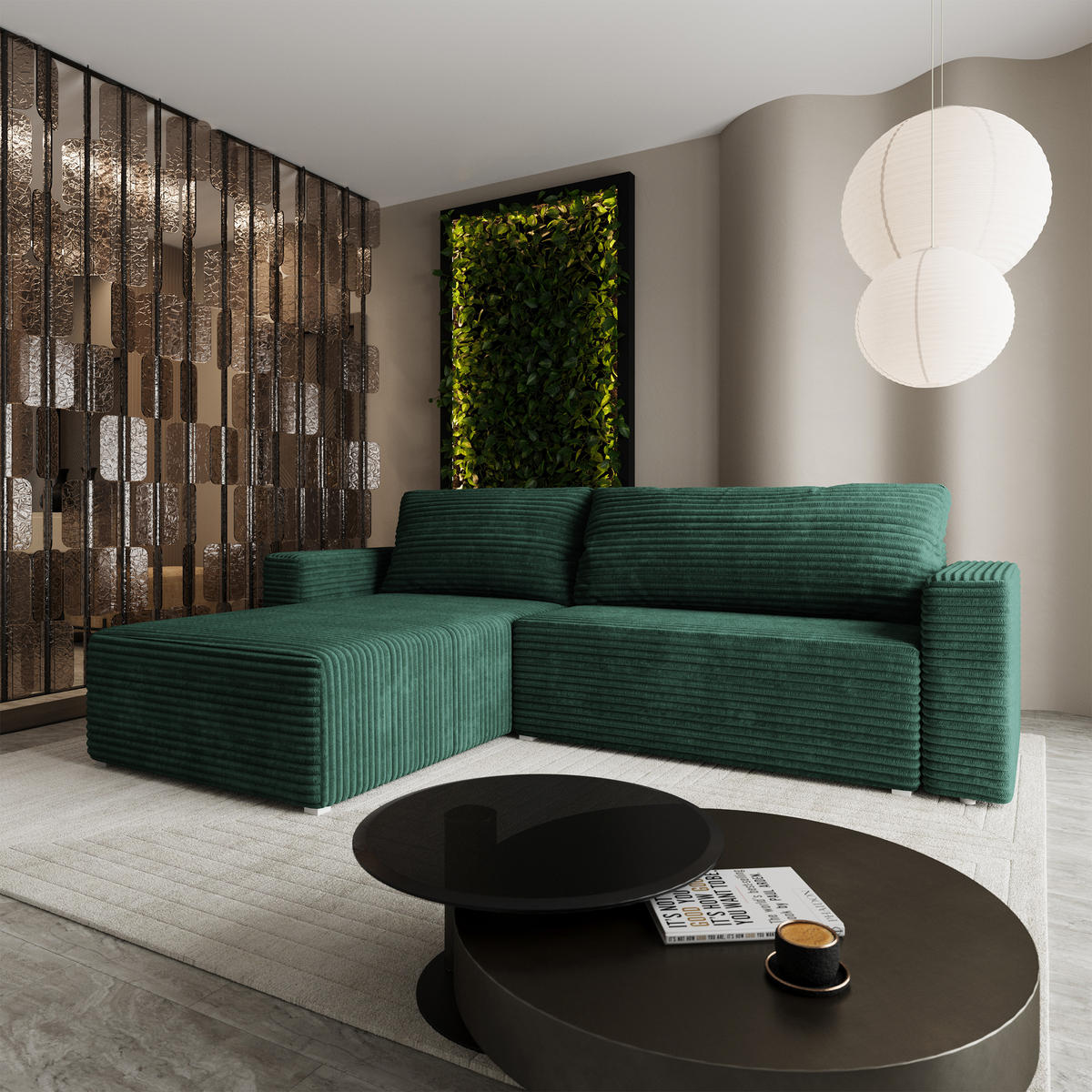 ECKSOFA CALTI T Grün Kordstoff mit Schlaffunktion - Grün, Holzwerkstoff/Textil (283/183cm) - MASSENO