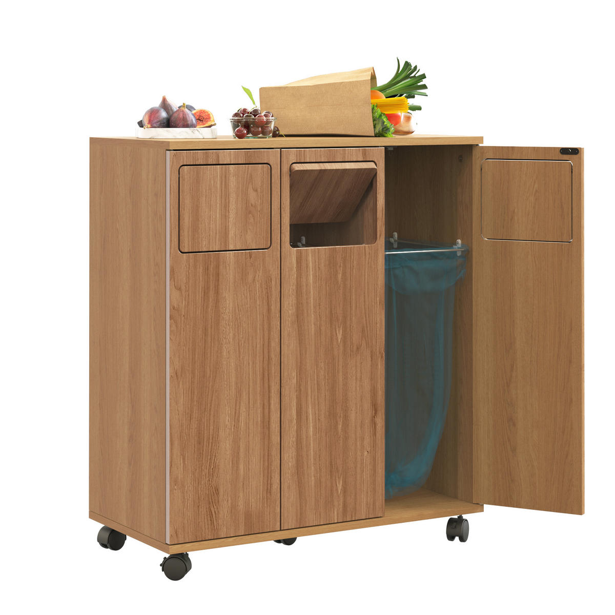 MÜLLSCHRANK DE-38851 69,3/35/80,3 cm 3 Fächer und Rollen Eiche-Optik - Naturfarben, Holzwerkstoff (69.3/80/35cm) - ComfortXL