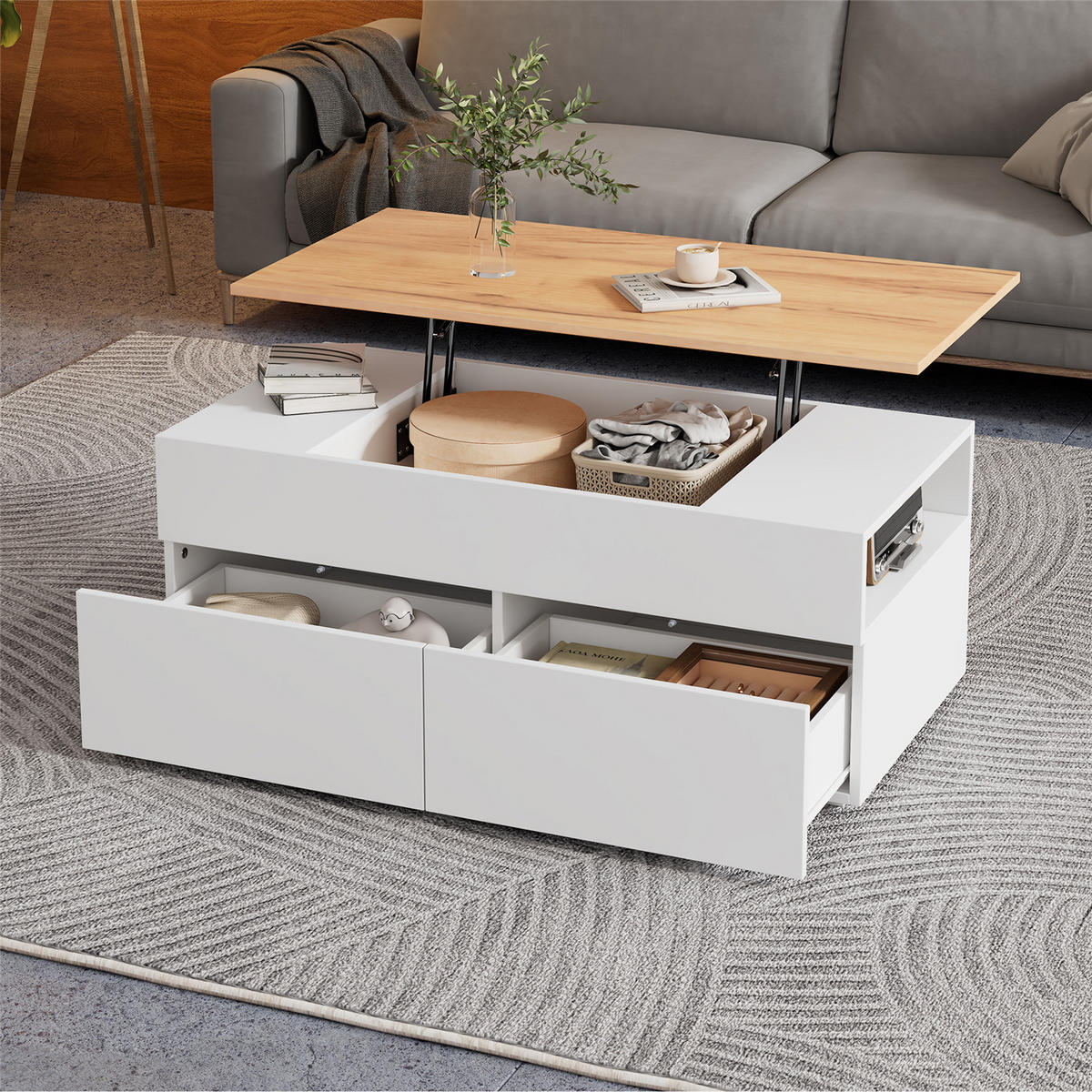 COUCHTISCH höhenverstellbar 2 Schubladen Weiß Holzfarbe 100/40/50 cm - Weiß, Holz (100/50/40cm) - Kaket