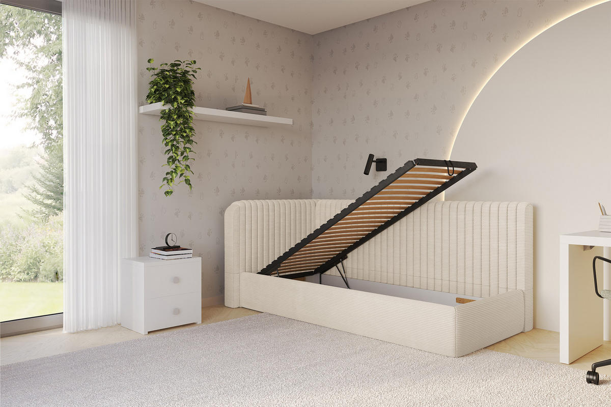 EINZELLBETT Jugendbett mit Bettkasten und Matratze H3/H4, Rechts - AURY 80x200 Beige - Kaschmir, Holzwerkstoff/Textil (80/200cm) - ALTDECOR