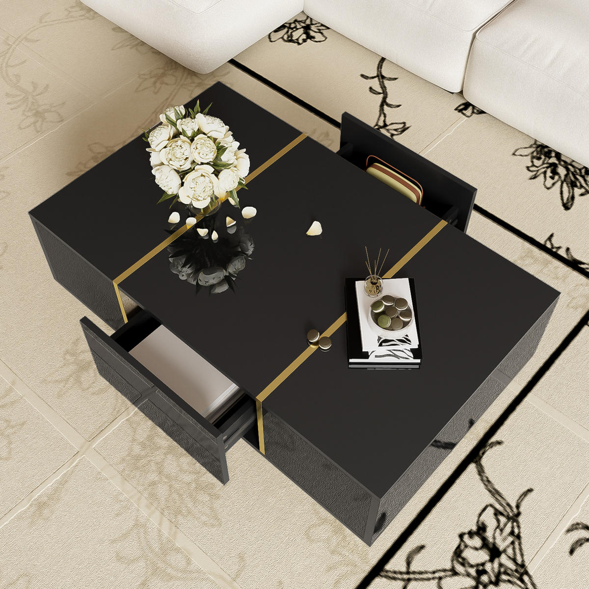 COUCHTISCH mit 2 Schubladen 100 x 60 cm MDF Schwarz Hochglanz - Schwarz, Metall (100/60/41.5cm) - Meubliv