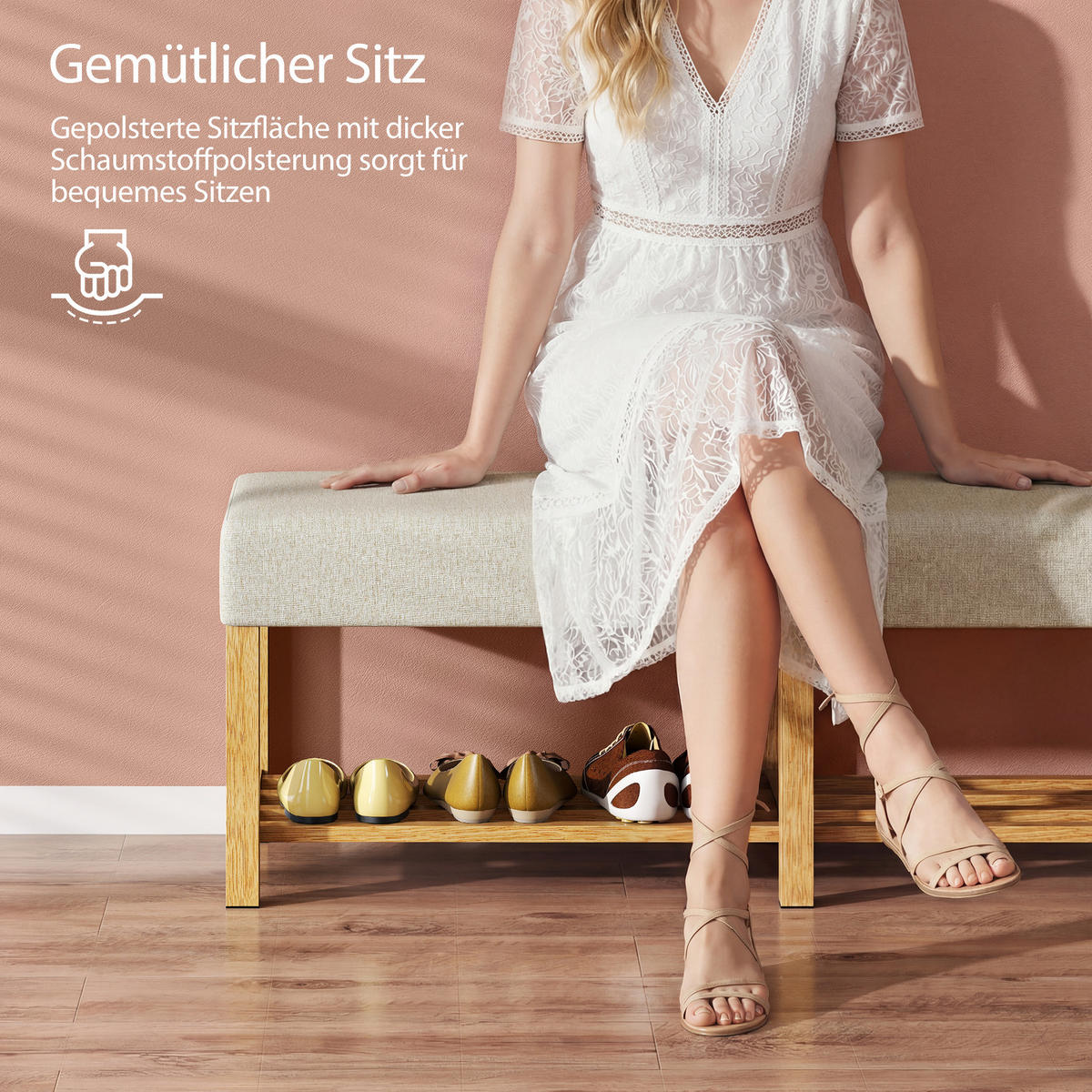 SCHUHBANK Kautschukholz Polyester Cremeweiß - Creme, Holz (44/48/140cm) - HOMCOM
