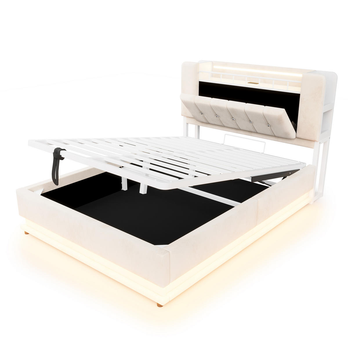 STAURAUMBETT 140/200 cm mit LED und Stauraum, DE-02116, in Beige - Beige, Metall (140/200cm) - ComfortXL