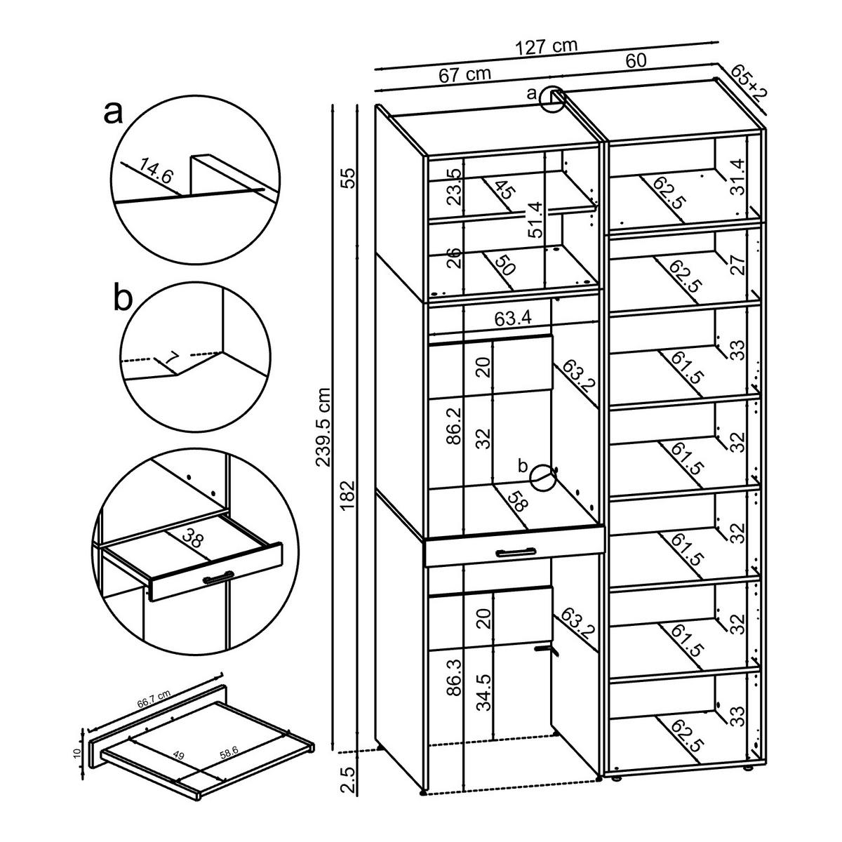 WASCHMASCHINENSCHRANK DUO-I 127cm Breit, 240cm Hoch - Schwarz, Holzwerkstoff (127/240/67cm)