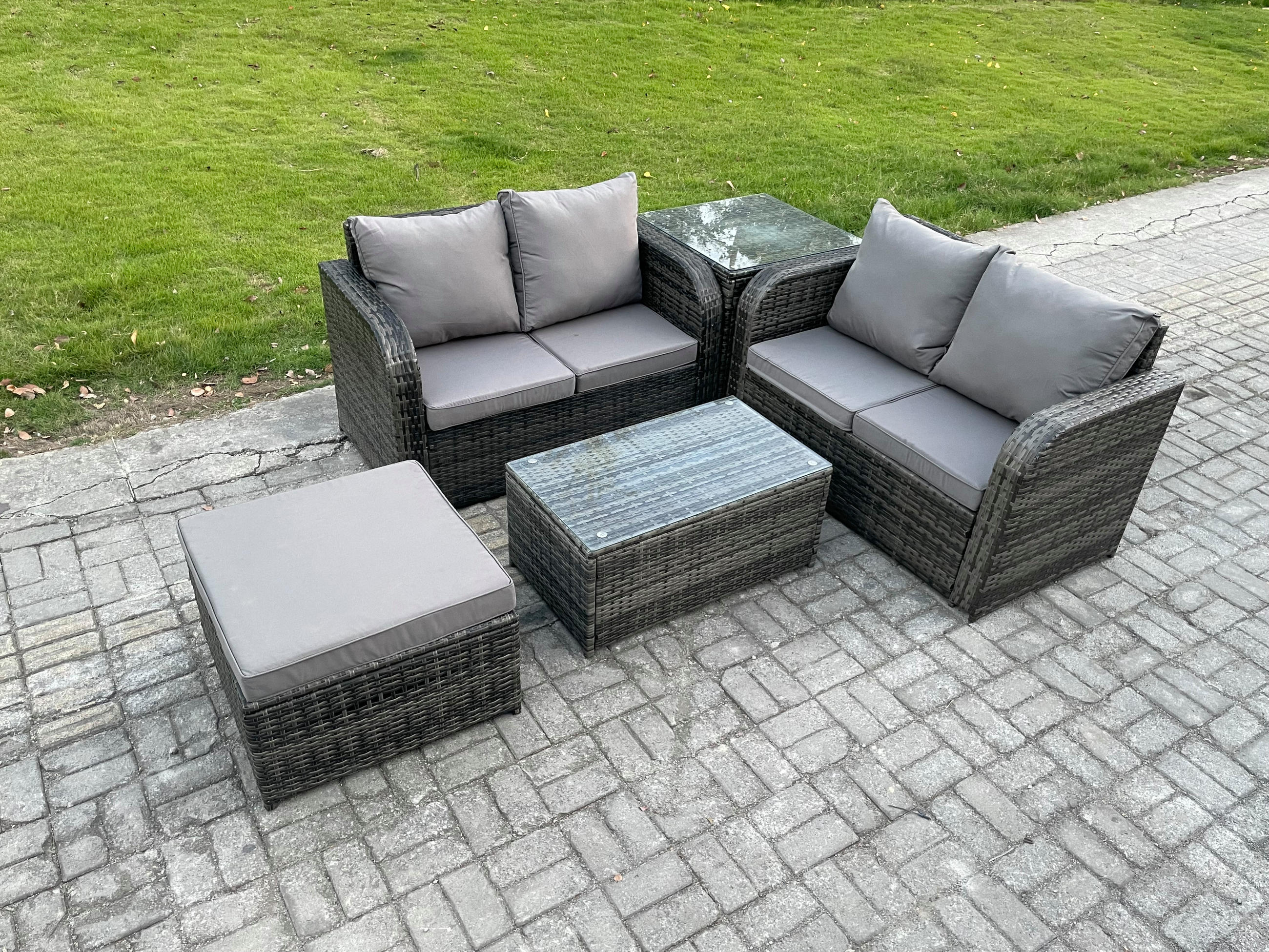 GARTENLOUNGE-SET Polyrattan Dunkelgrau 5-Sitzer - Dunkelgrau, Metall - Fimous
