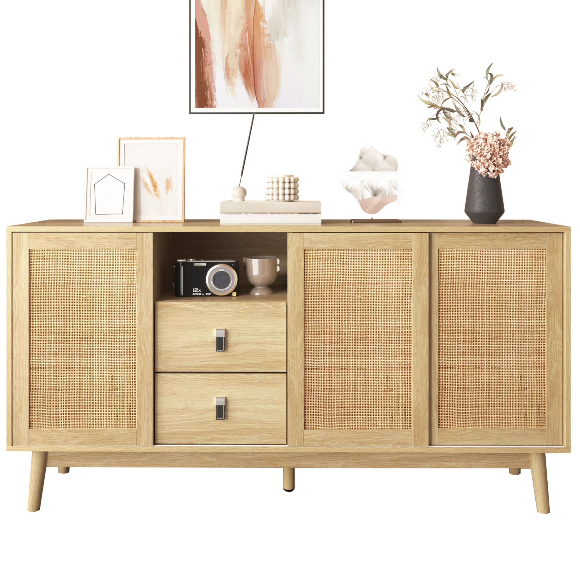 SIDEBOARD 155/38/80 cm Holzfarbe aus MDF mit Rattan-Schiebetüren - Naturfarben, Holzwerkstoff (155/80/38cm) - OKWISH