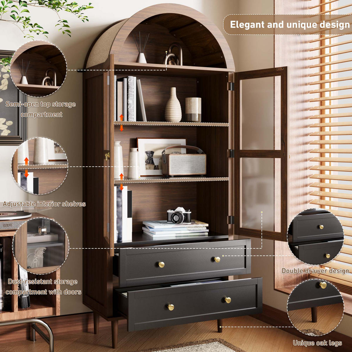 HIGHBOARD in Walnussfarben Bücherregal mit verstellbaren Einlegeböden für Wohnzimmer und Esszimmer, B70/T38/H168 cm - Transparent/Nussbaumfarben, Glas/Holzwerkstoff (70/168/38cm) - STILVORA
