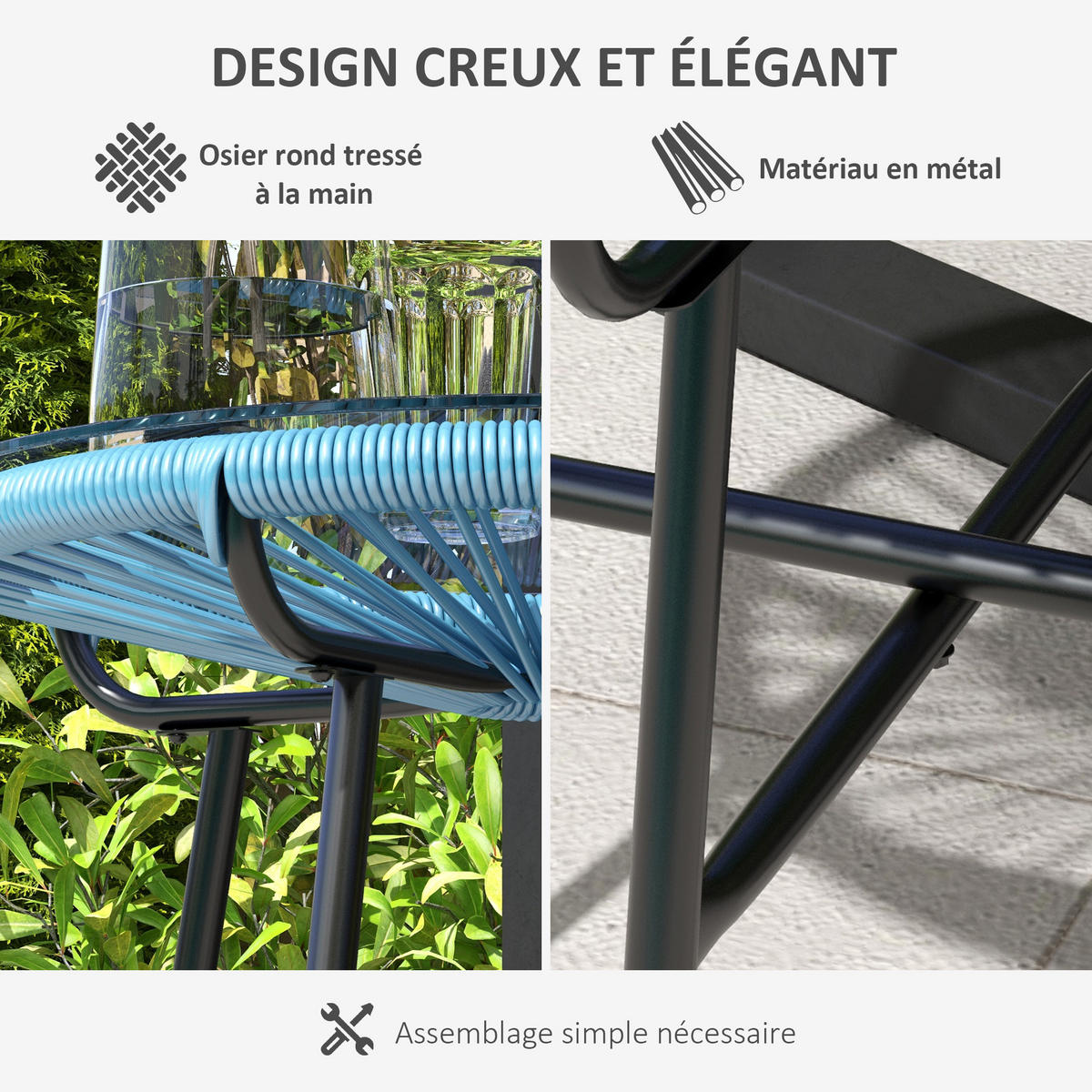 GARTENBEISTELLTISCH DE-13583 rund mit Glasplatte, PE-Rattan Natur - Blau, Metall (50/50/50cm) - ComfortXL