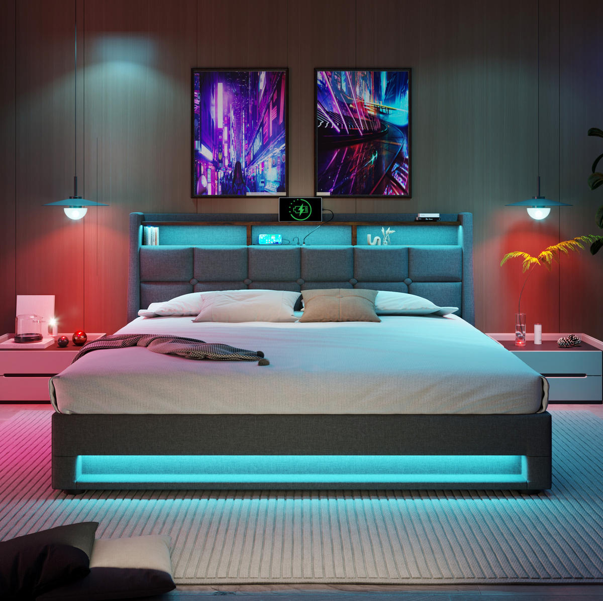 POLSTERBETT mit Stauraum und USB 160x200 cm Grau - Grau, Metall (160/200cm) - Meubliv