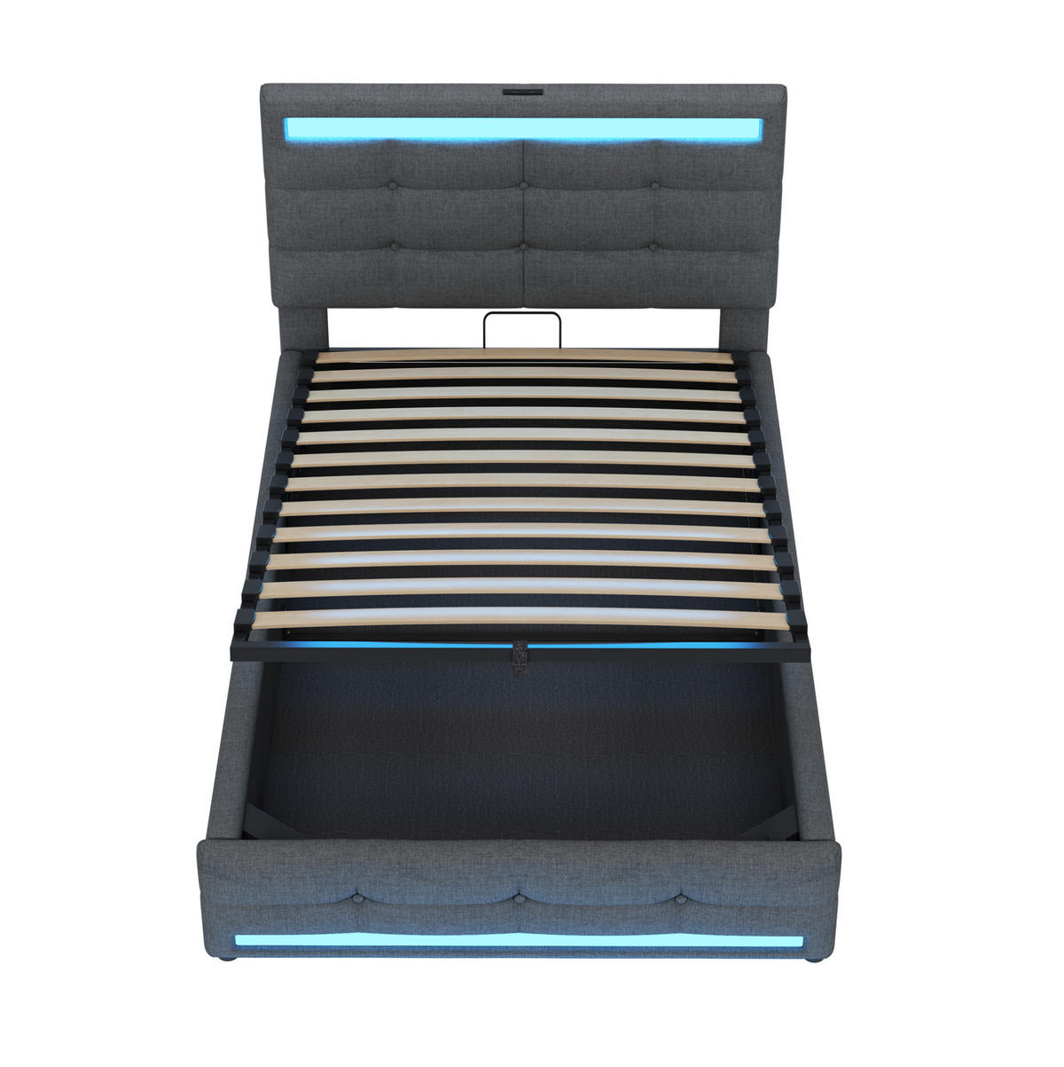 POLSTERBETT mit LED-Beleuchtung 90/200 cm in Grau mit USB und verstellbarem Kopfteil - Grau, Textil (90/200cm) - BEAOK