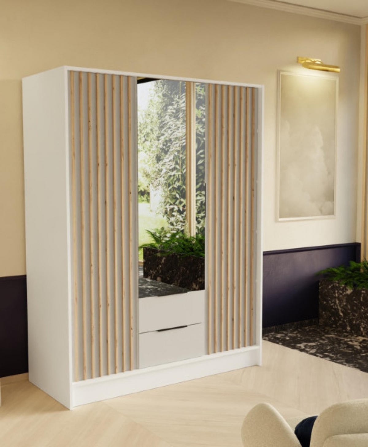 SCHRANK Weiß ORE 150 Mit Lamellen Und Spiegel Craft Gold - Eichefarben/Goldfarben, Holzwerkstoff (150.5/200/51cm) - Sepro Meble