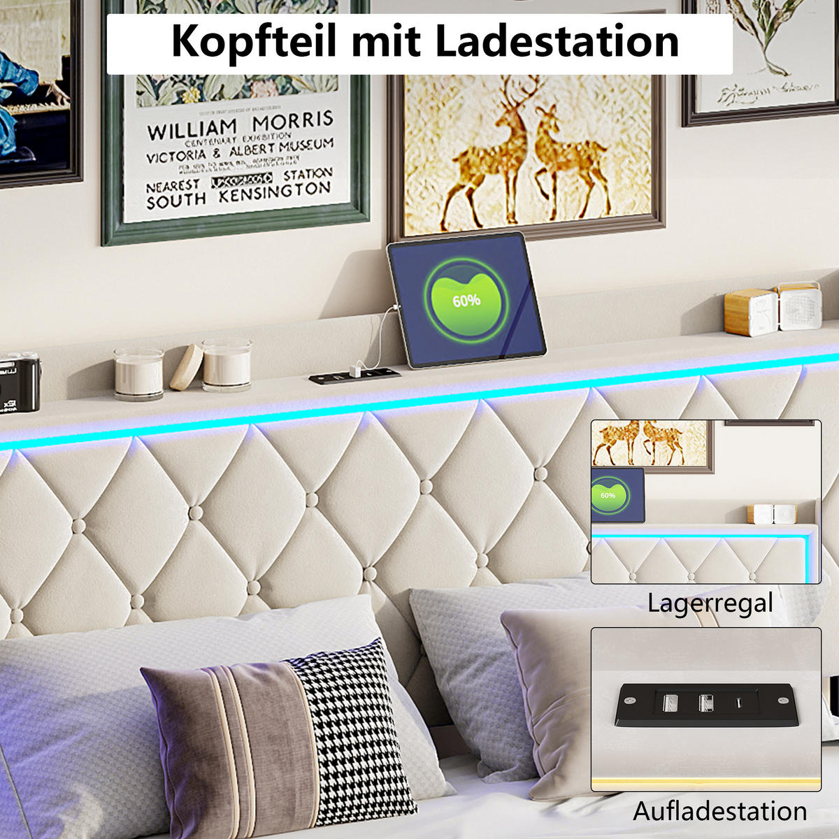 POLSTERBETT 140x200 cm Beige mit LED, USB und Type-C, Stauraumkopfteil & Bettkasten - Beige, Holz (140/190cm)