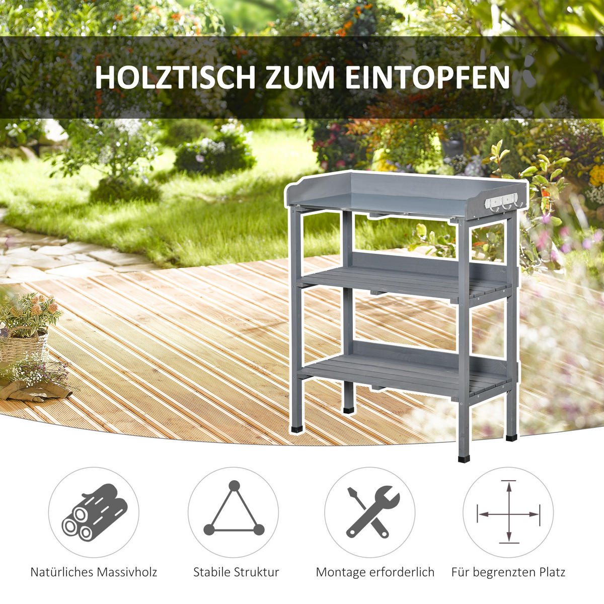 PFLANZTISCH Gärtnertisch Blumentisch mit Metall Arbeitsfläche Garten Holz Grau - Grau, Holz (76/37/89cm) - Outsunny