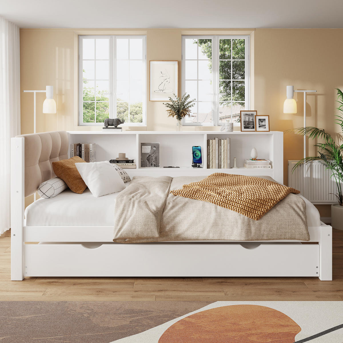 TAGESBETT 90/200 cm Weiß mit ausziehbarem Bett und LED-Beleuchtung aus Kiefernholz - Weiß, Holz (90/200cm) - OKWISH