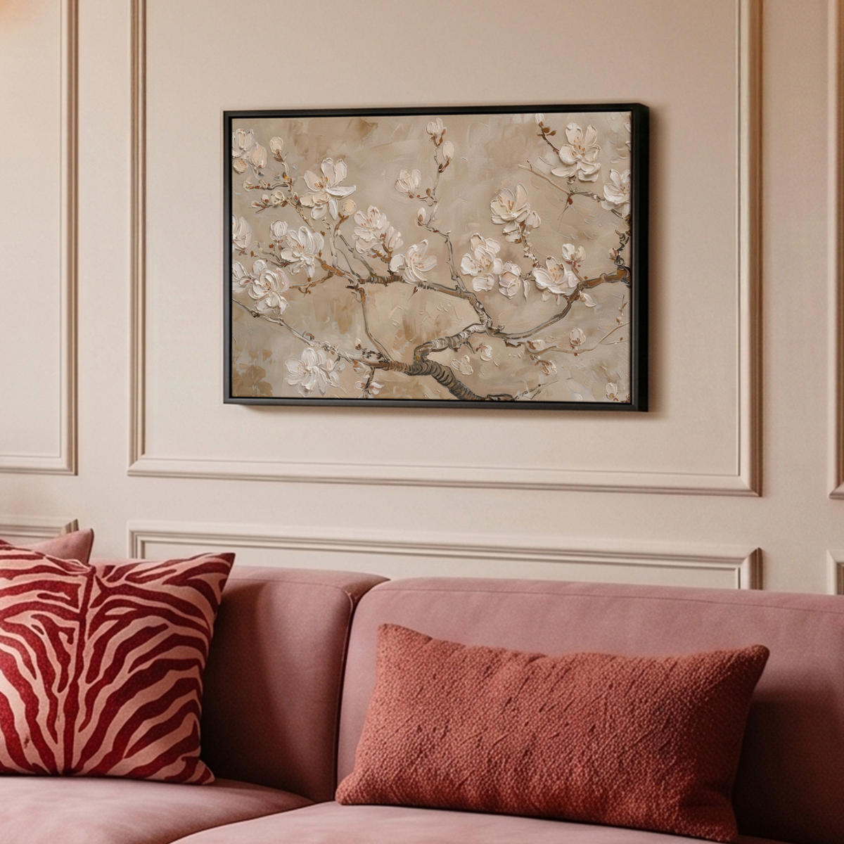 LEINWAND Bilder mit Rahmen - Blumen - Modern - Beige - Weiß - Blüte - 60x40 - Beige, Textil (60/40cm) - MuchoWow