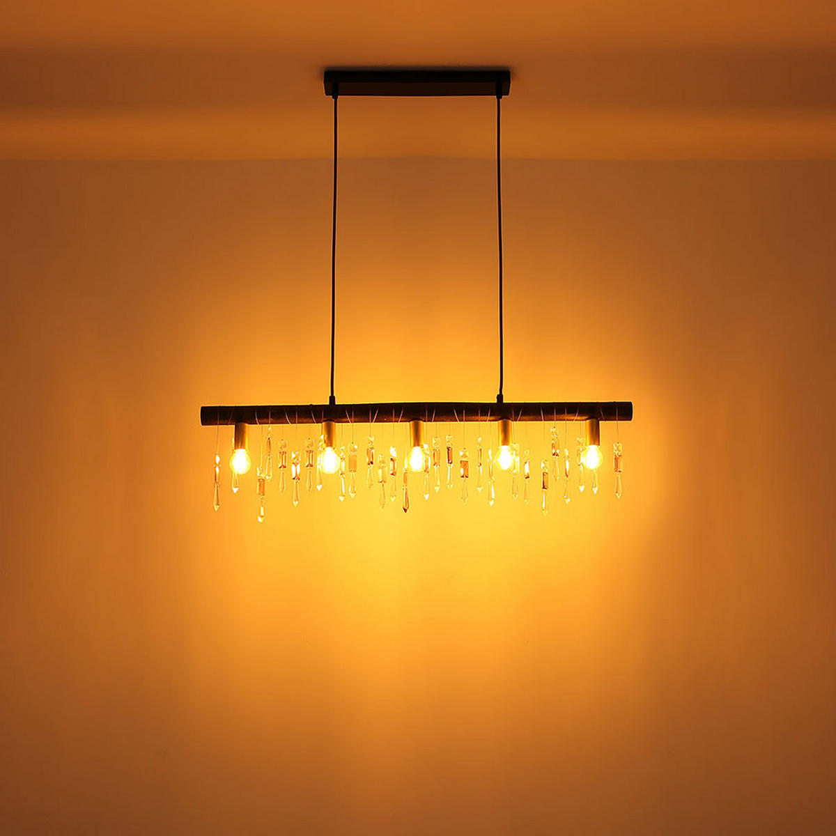 HÄNGELEUCHTE Glaskristalle Schwarz Textilkabel - Schwarz, Holz (90/6/120cm) - Globo Lighting