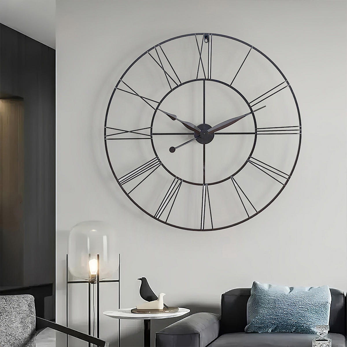 WANDUHR 80 cm Durchmesser Römischen-Ziffern Eisen Schwarz - Dunkelgrau, Metall (80/1/80cm) - Livingandhome