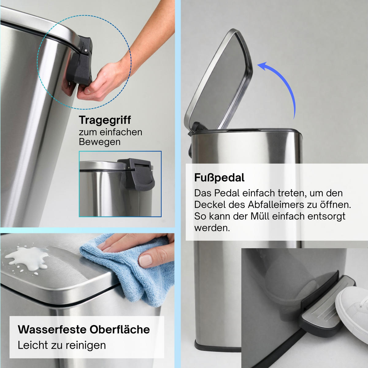 MÜLLEIMER 50 Liter mit Softclose & Fußpedal - Silberfarben, Metall (41.5/67.5/49cm) - PROREGAL