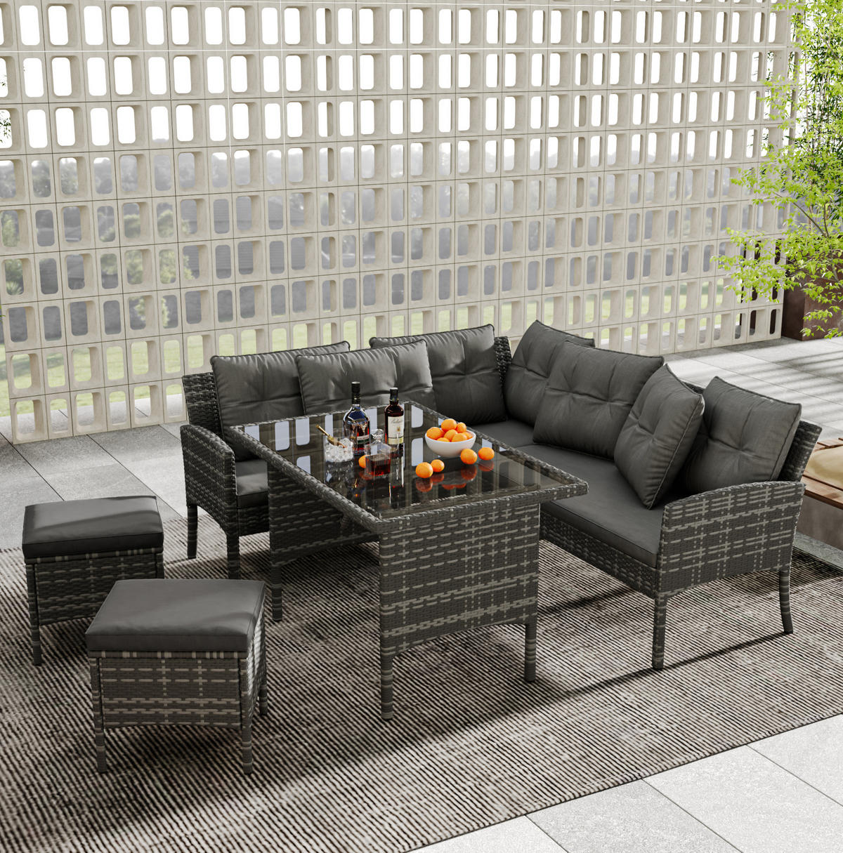 GARTENLOUNGE 7-Sitzer mit Esstisch, Hockern und waschbaren Kissenbezügen, Grau - Grau, Metall - Redom