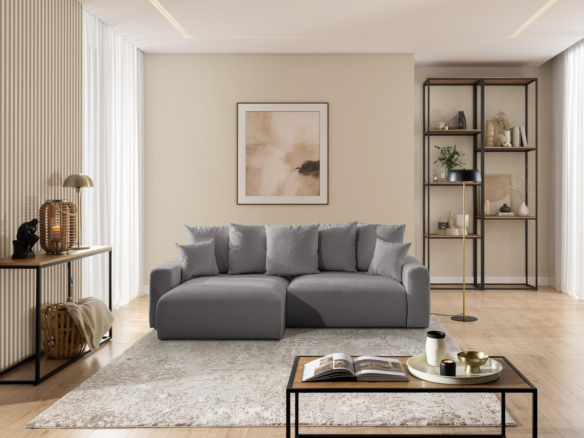 ECKSOFA Calma mit Schlaffunktion und Bettkasten im Bumpy-Design aus weichem Taupe Webstoff - Ottomane links - Taupe/Schwarz, Holz/Kunststoff (239/140cm) - S-Style