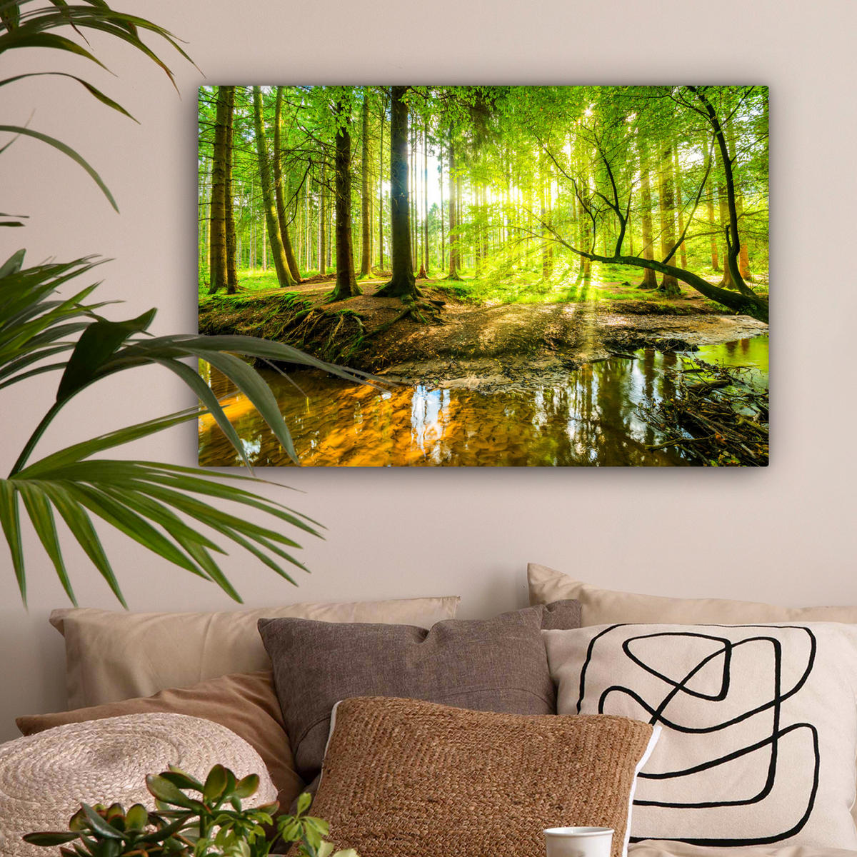LEINWANDBILD Wald - Landschaft - Wasser - Bäume - Sonne - Grün - Natur Gemälde 60x40 cm - Grün, Textil (60/40cm) - MuchoWow