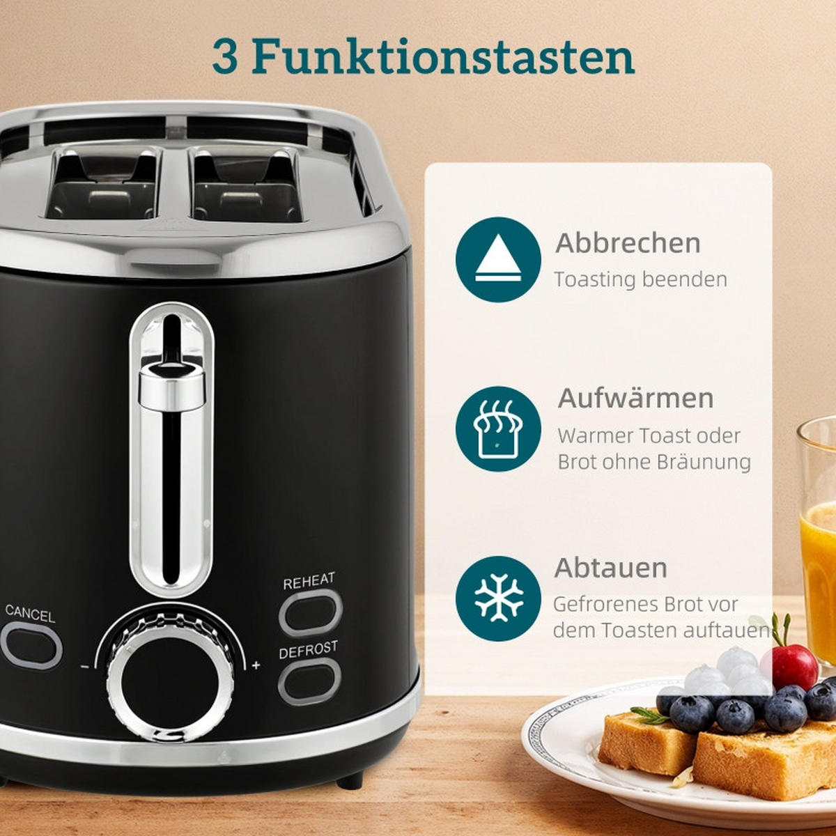 WASSERKOCHER 2-tlg Frühstücksset Wasserkocher und Toaster 1,7L 2200W Retro-Design Schwarz - Schwarz, Kunststoff (15.9/24.8/23.2cm) - Raelunyi