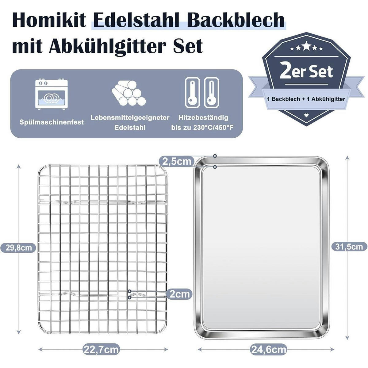 BACKBLECH mit Abkühlgitter 2-teiliges Set 31,5 x 24,6 cm Edelstahl - Silberfarben, Metall (24.6/2.5/31.5cm)