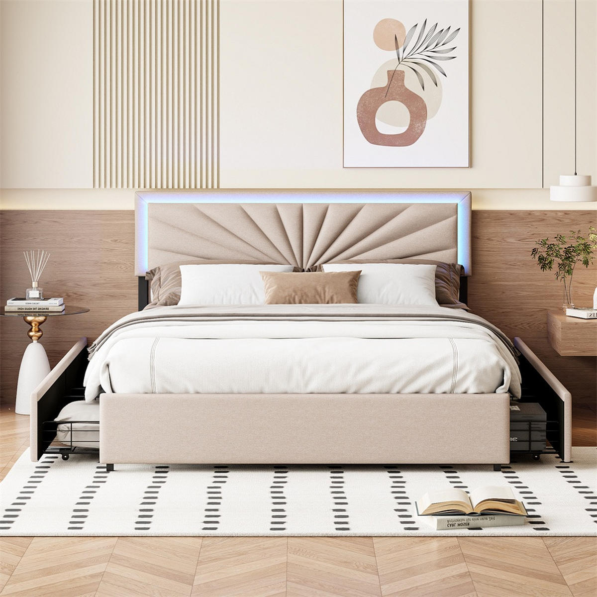 POLSTERBETT 160x200 cm - mit LED-Kopfteilbeleuchtung und 4 ausziehbaren schubladen - ohne Matratze - Beige - Beige, Textil (160/200cm) - DELFA