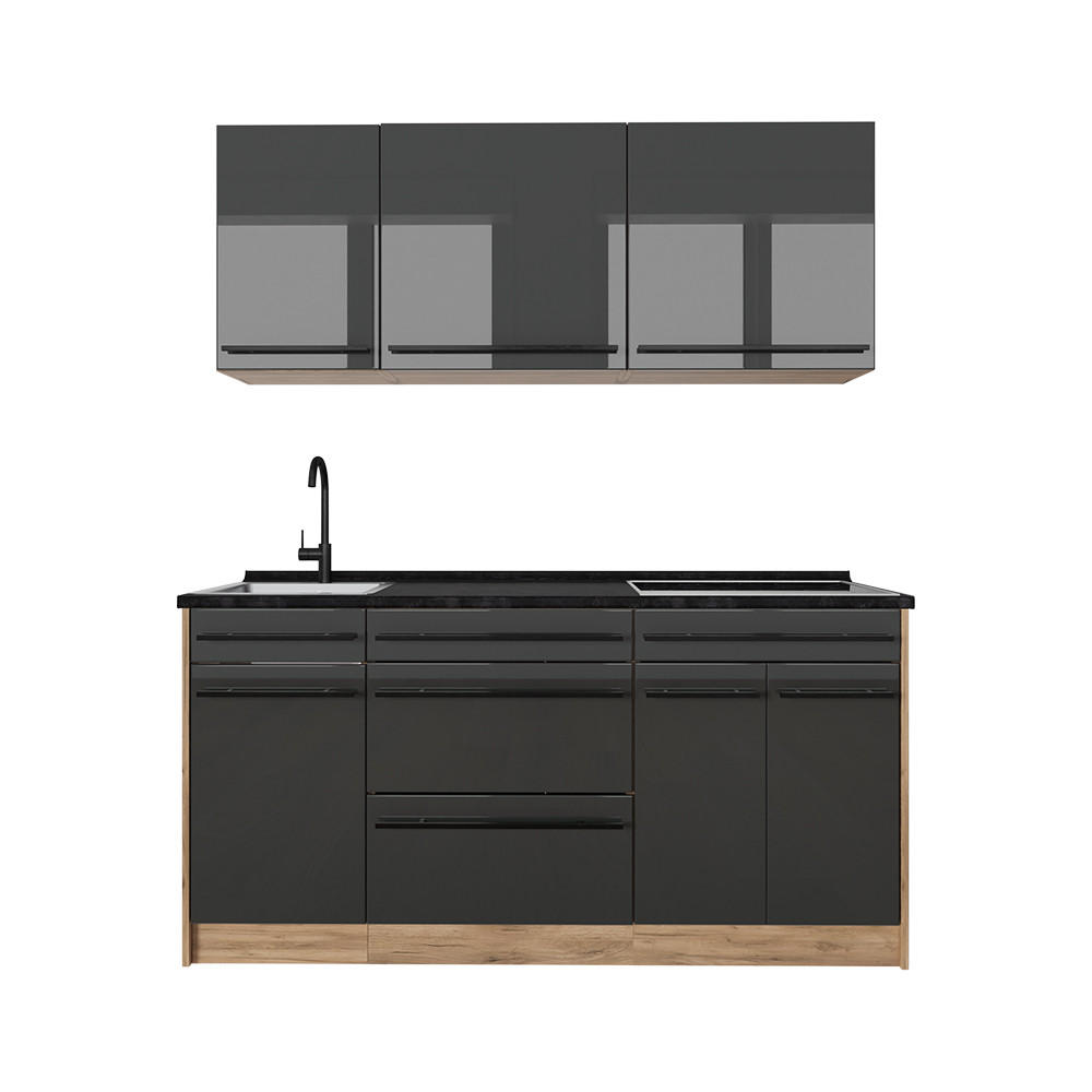 Vicco Singleküche Schwarz Hochglanz, Honigeiche 160x81.6x60 cm