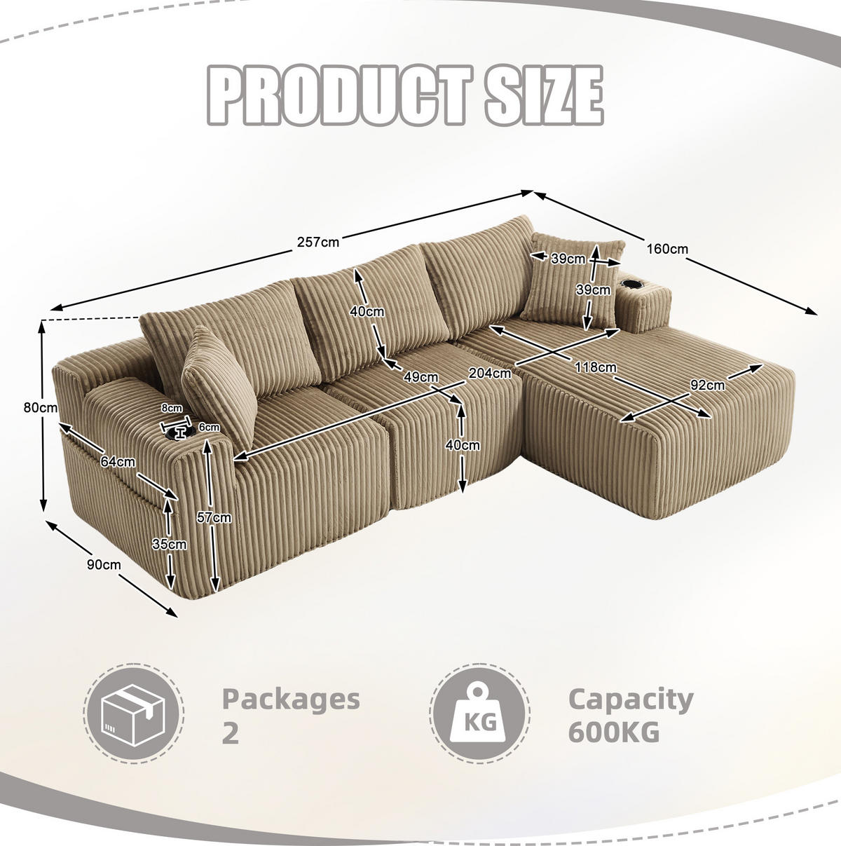 ECKSOFA 257/90-160/62 cm khaki aus Cord mit Chaiselongue - Sandfarben, Textil (160/257cm) - OKMYHOME